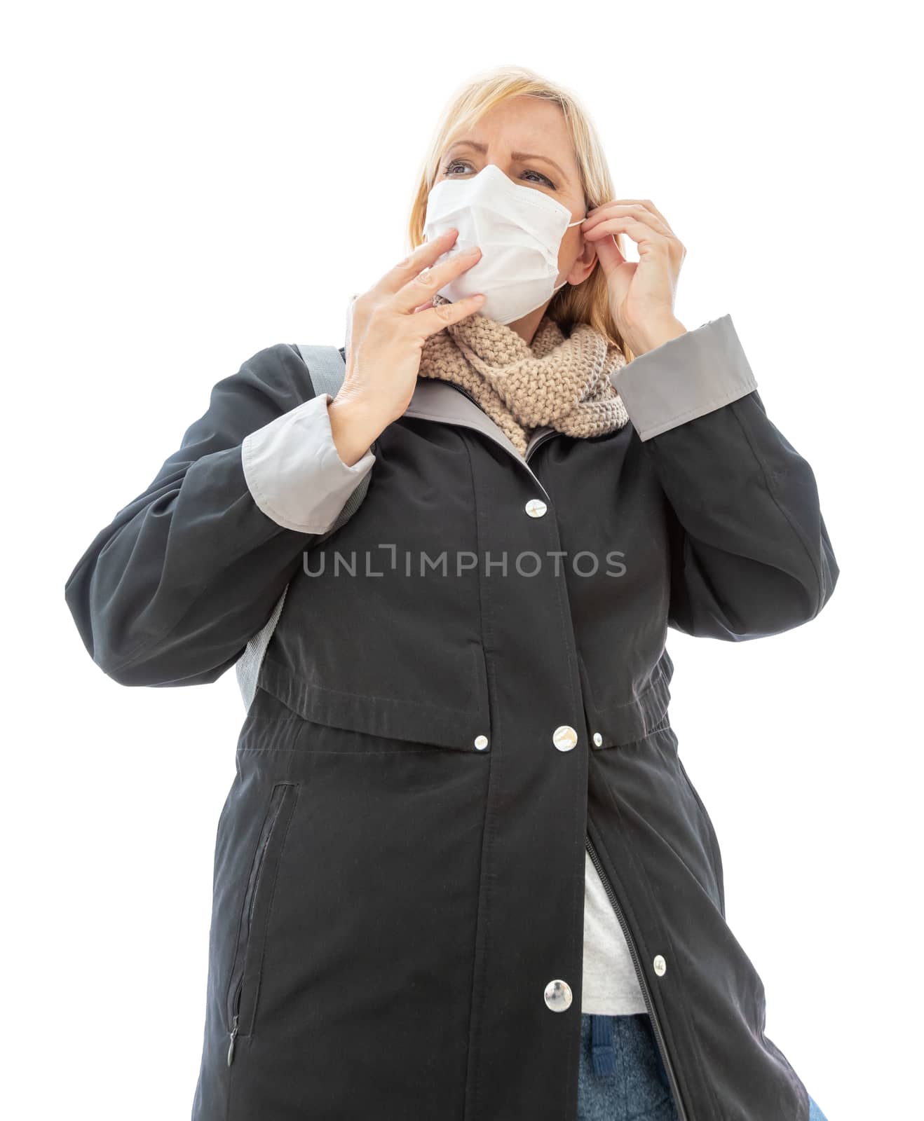Young Adult Woman Wearing Face Mask Isolated on White Background by Feverpitched