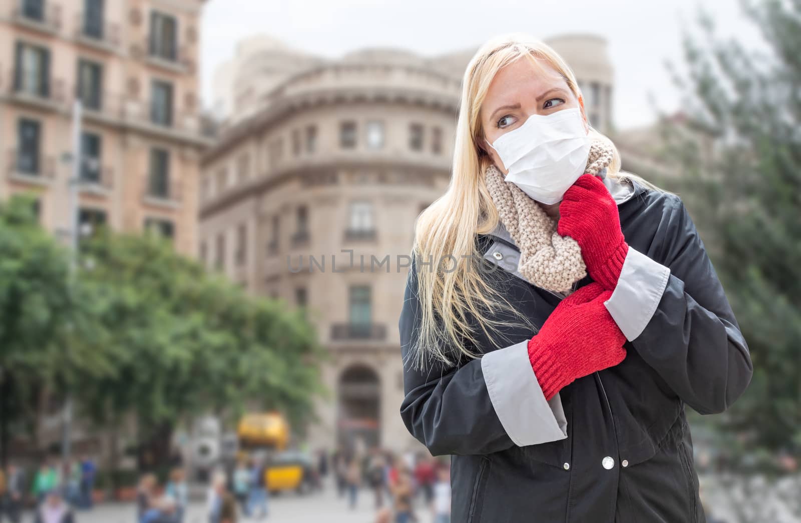 Young Woman Wearing Face Mask Walks Among The Public In Italy.