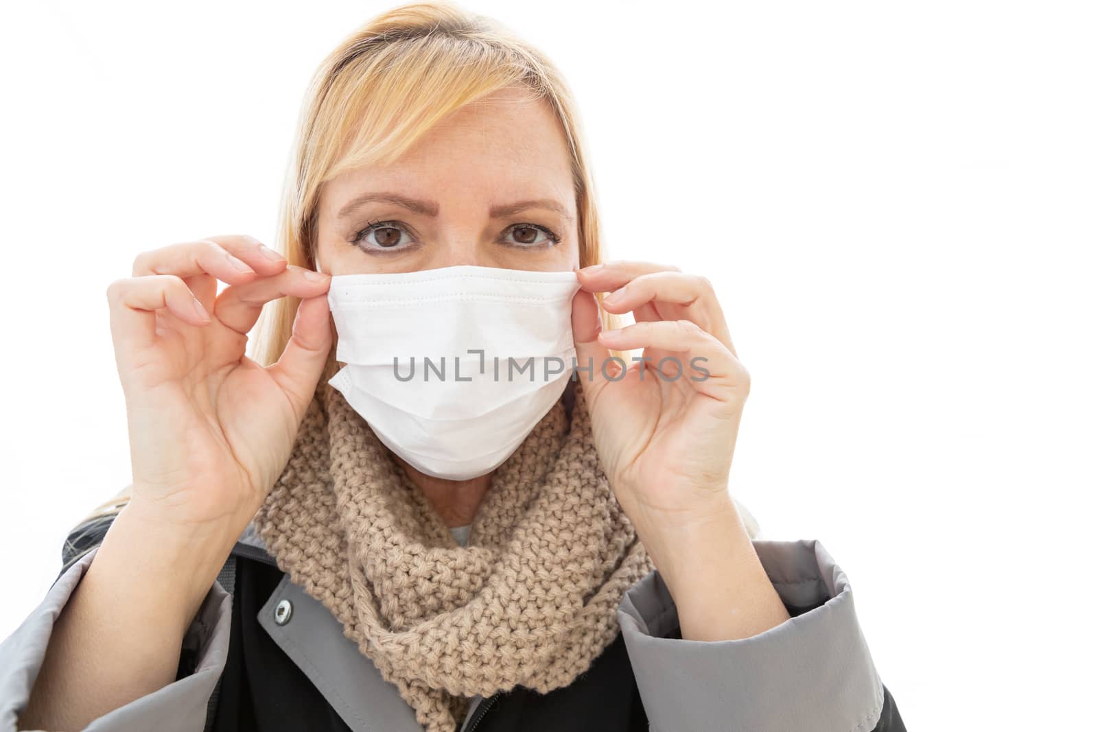 Young Adult Woman Wearing Face Mask Isolated on White Background.