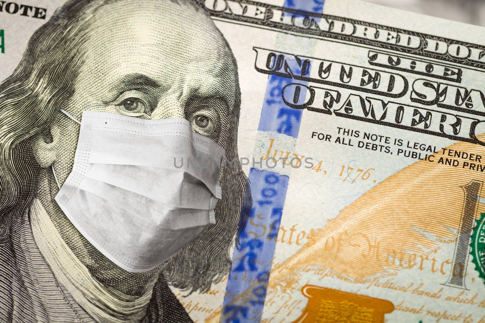 One Hundred Dollar Bill With Medical Face Mask on Face of Benjamin Franklin. by Feverpitched