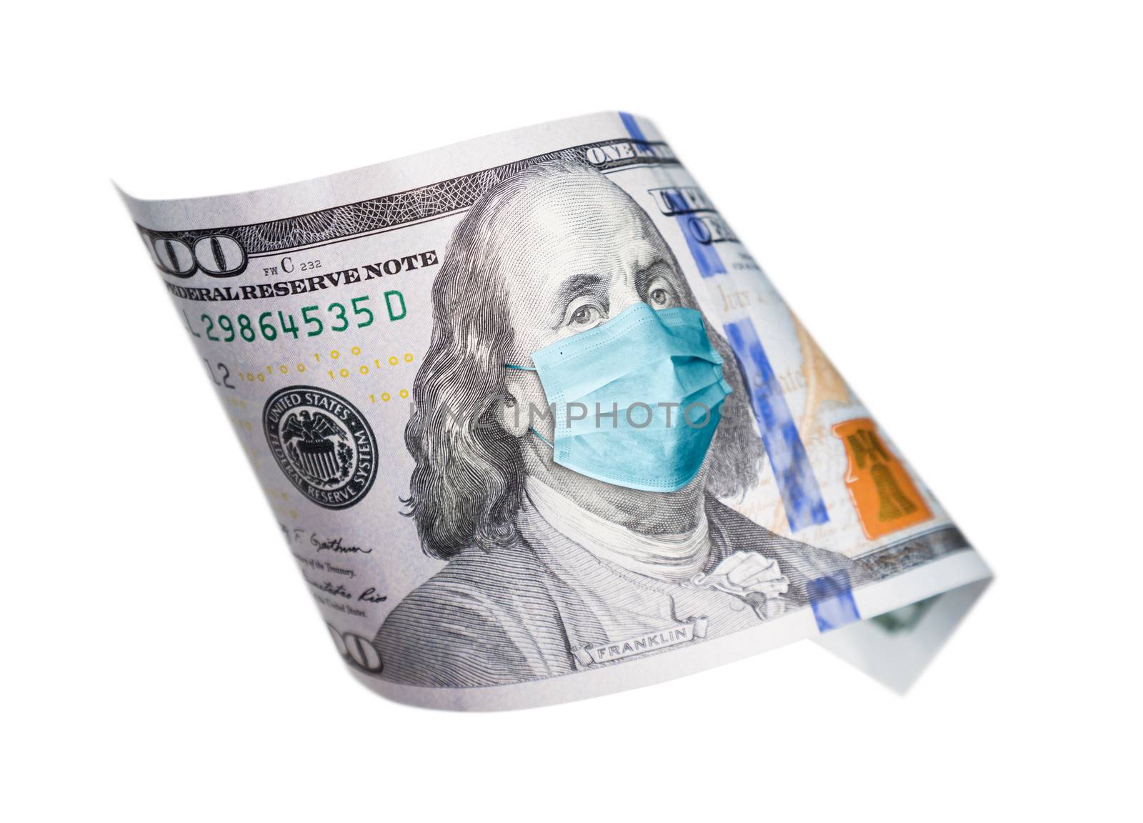 One Hundred Dollar Bill With Medical Face Mask on Benjamin Franklin Isolated on White. by Feverpitched