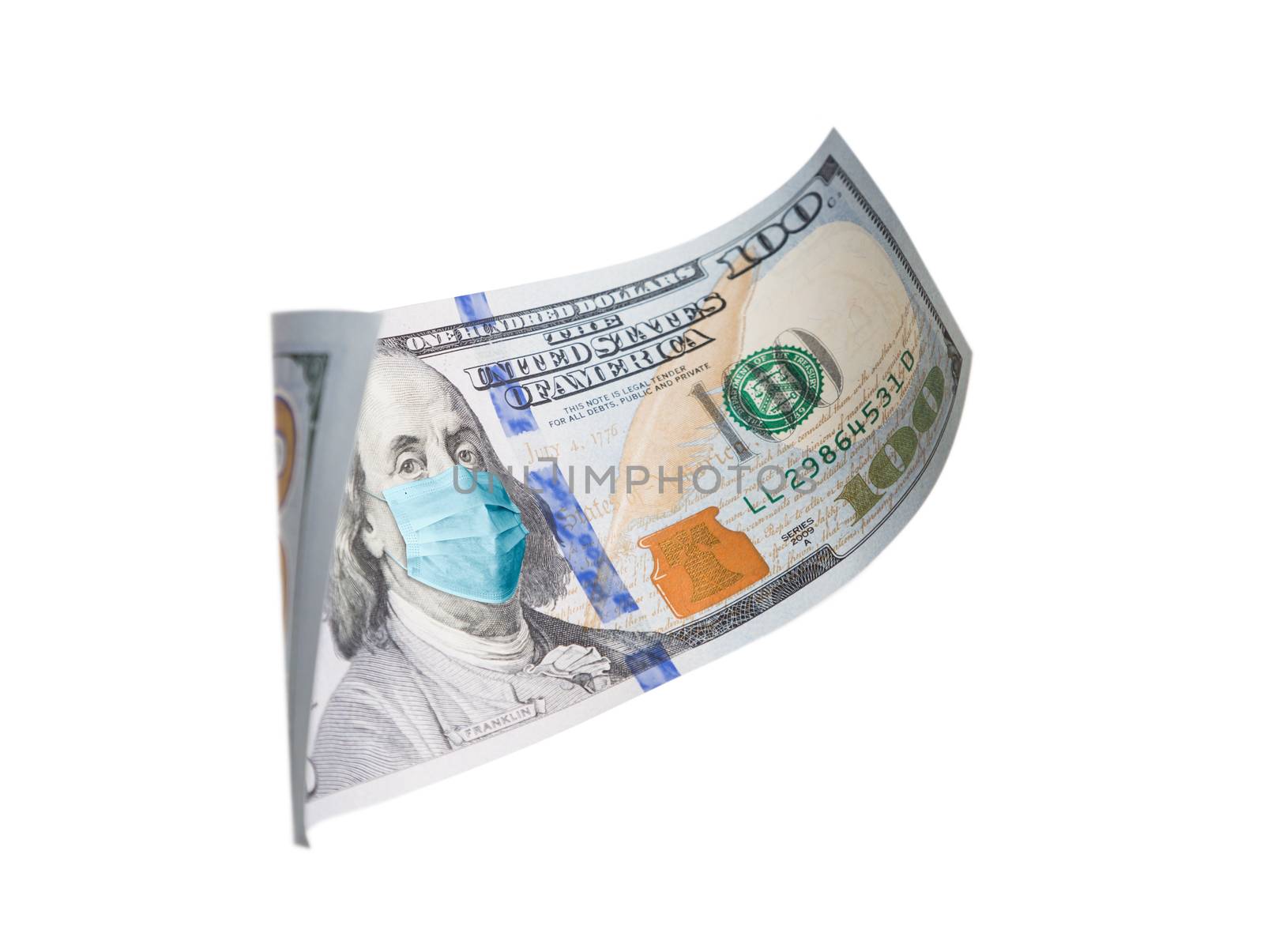 One Hundred Dollar Bill With Medical Face Mask on Benjamin Franklin Isolated on White. by Feverpitched