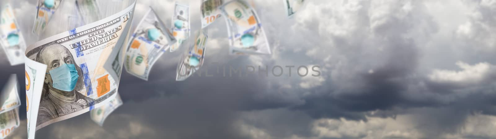 100 Dollar Bills with Medical Face Mask Falling From Stormy Cloudy Sky Banner.