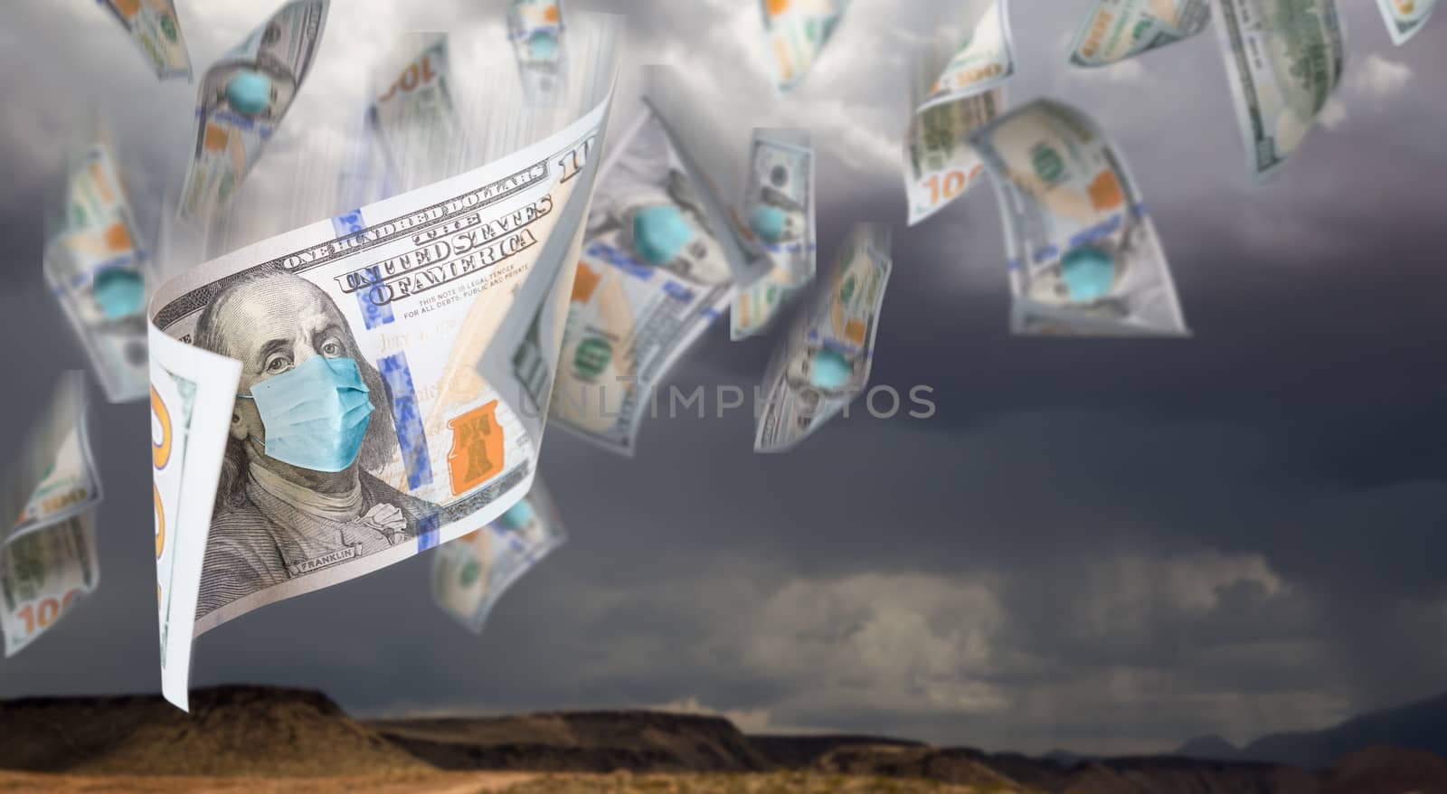 100 Dollar Bills with Face Mask Falling From Stormy Cloudy Sky by Feverpitched