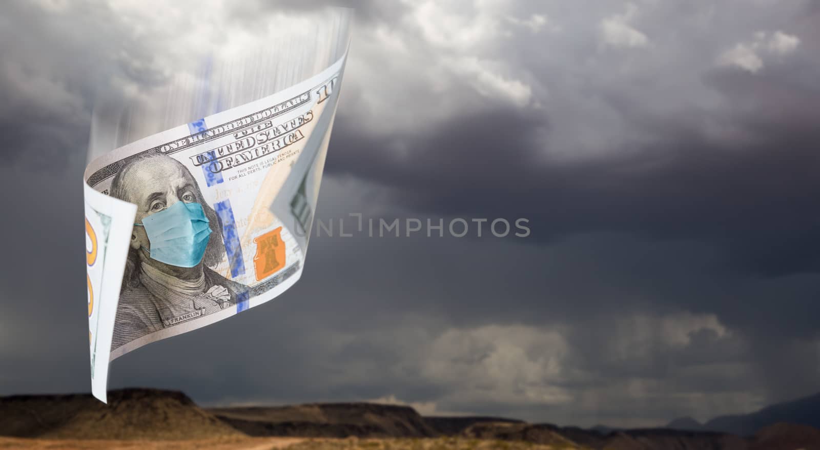 100 Dollar Bill with Medical Face Mask Falling From Stormy Cloudy Sky Banner.