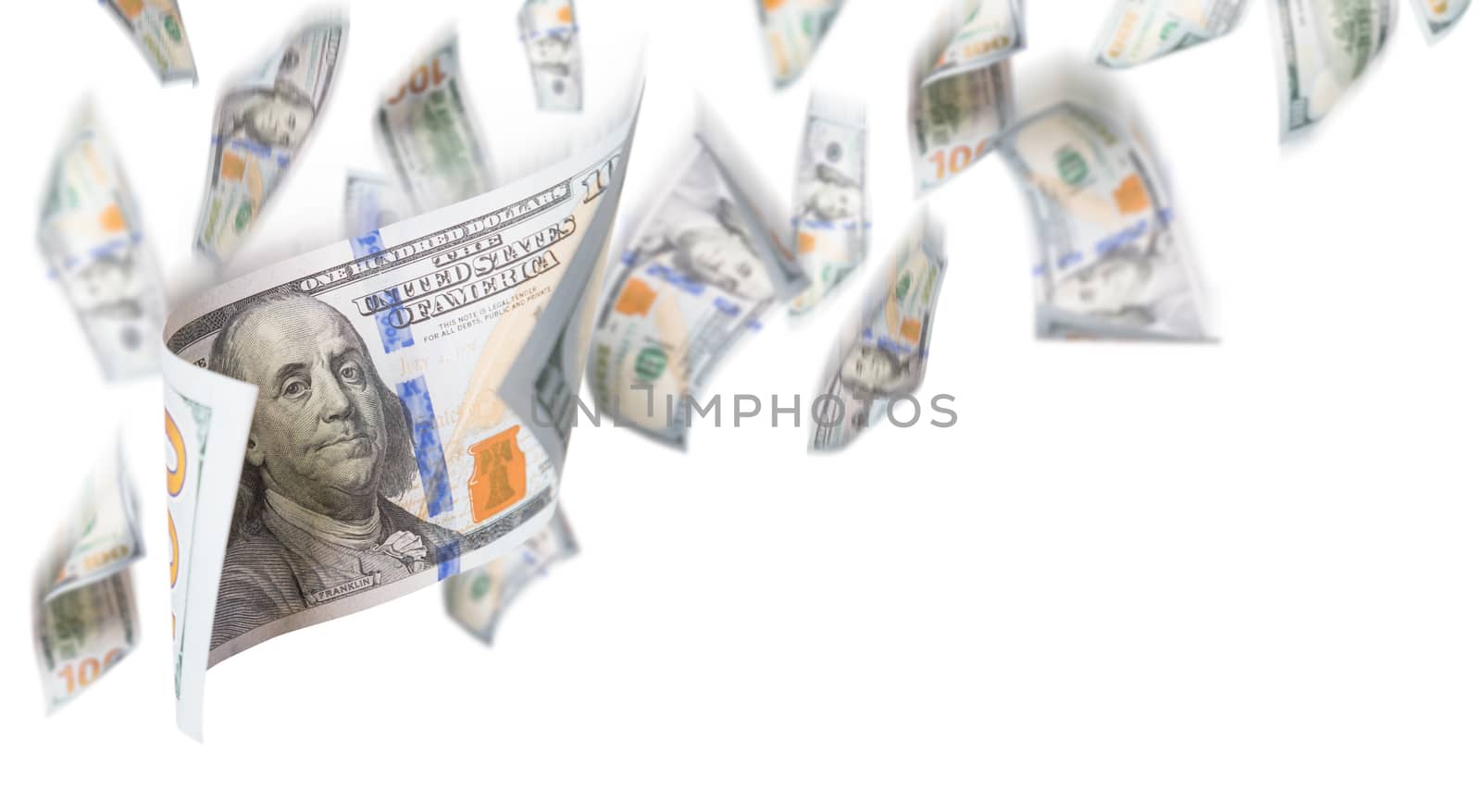 Several 100 Dollar Bills Falling From Above On White Background.
