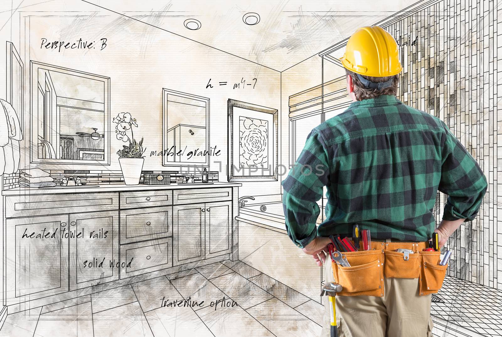 Contractor With Hard Hat and Tool Belt Facing Custom Master Bathroom Design Drawing Details . by Feverpitched