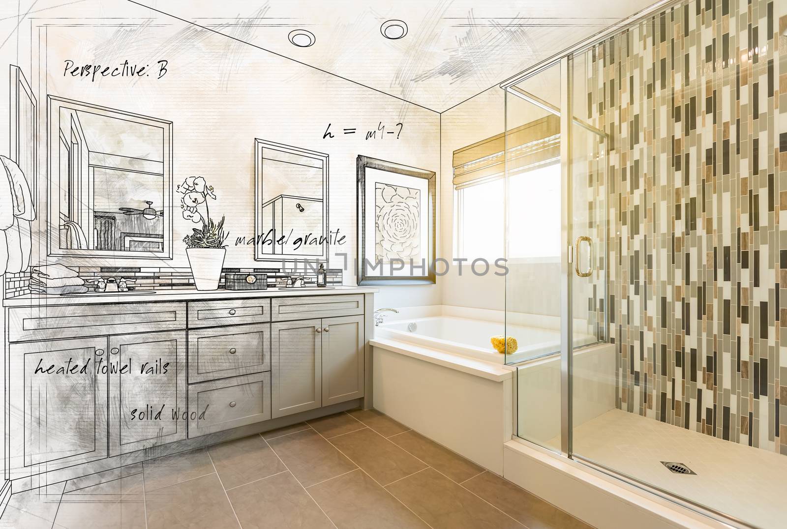 Custom Master Bathroom Design Drawing Gradating to Finished Photograph. by Feverpitched