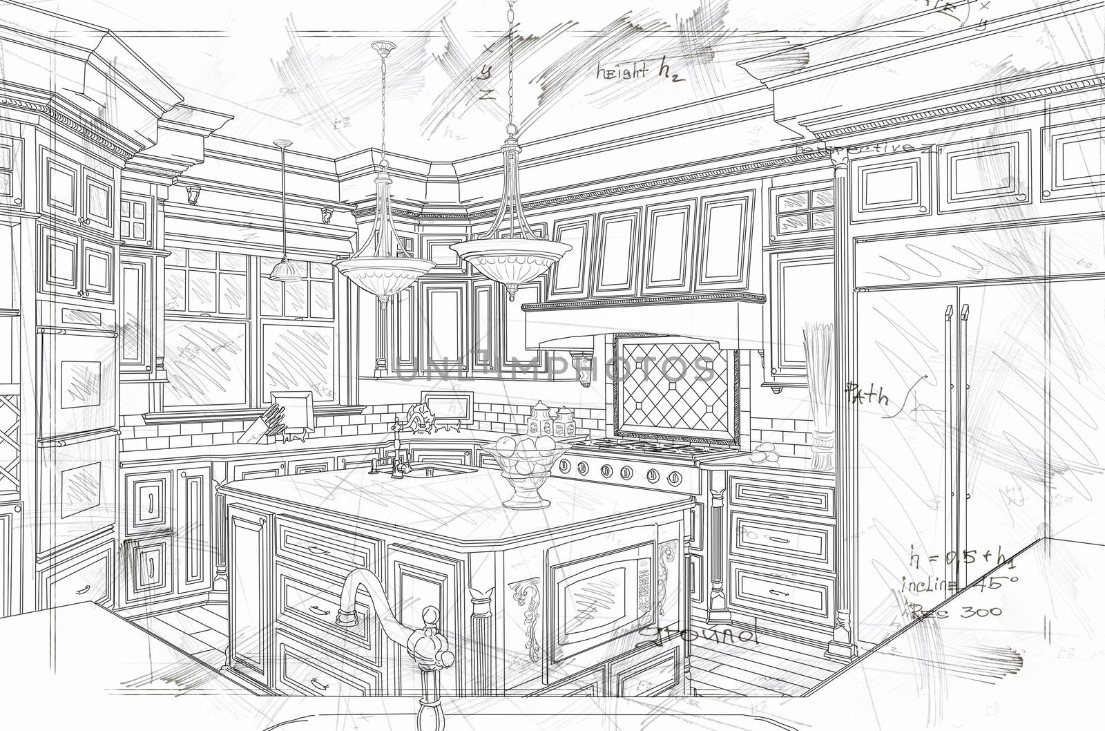 Beautiful Custom Kitchen Design Line Drawing Details by Feverpitched