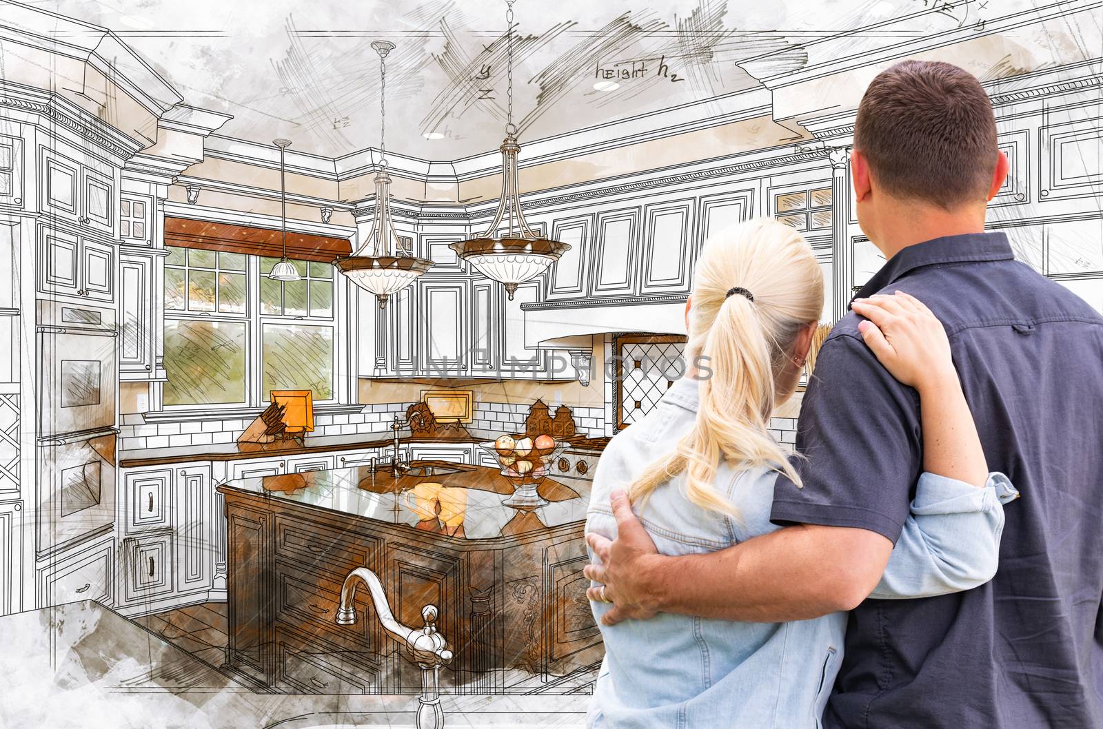 Young Adult Couple Facing Custom Kitchen Drawing Design Details by Feverpitched