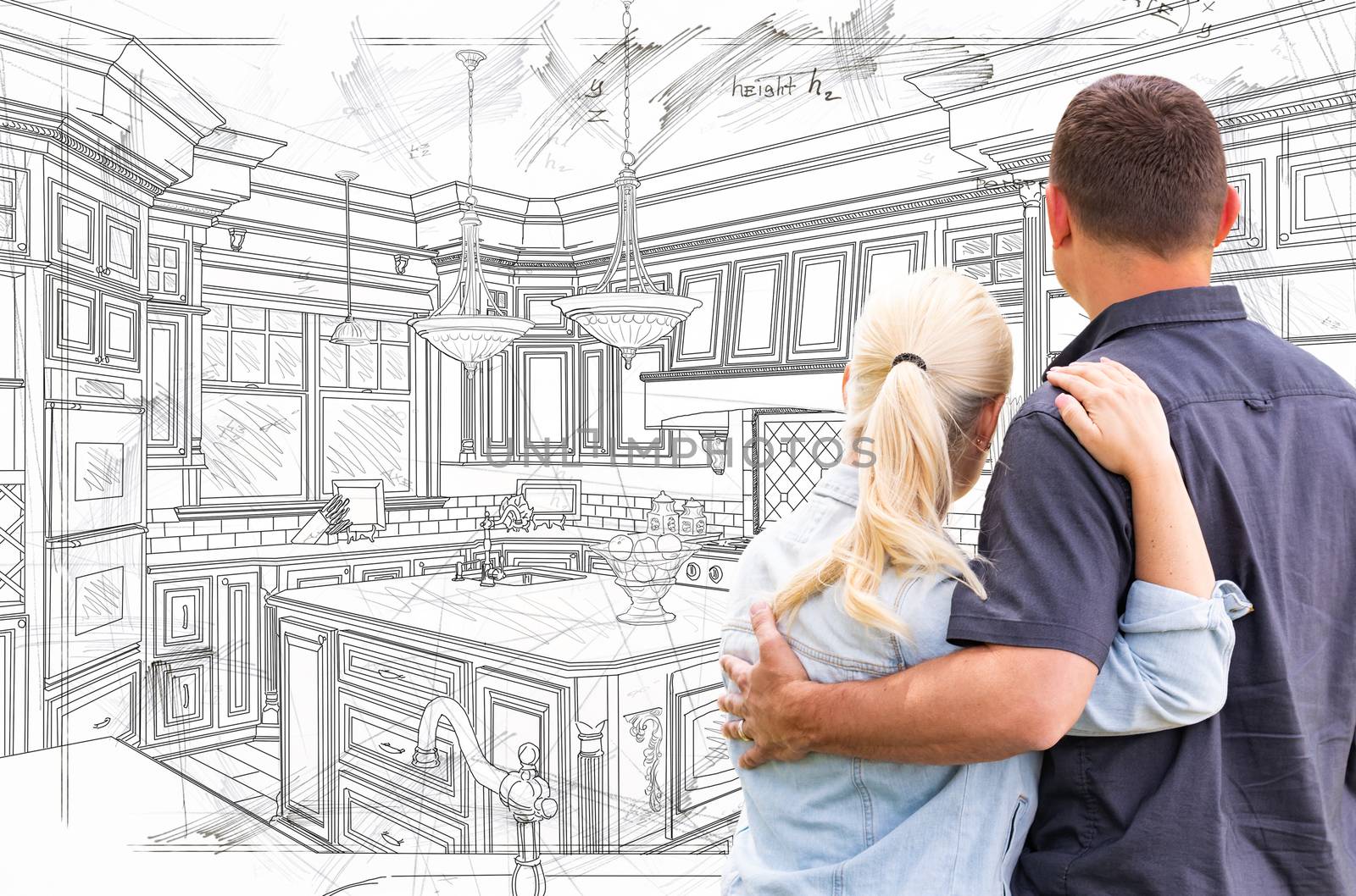 Young Adult Couple Facing Custom Kitchen Drawing Design Details.