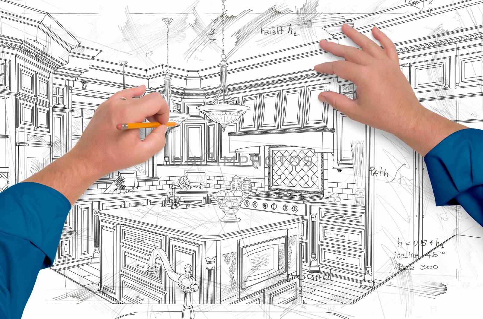 Male Hands Drawing Custom Kitchen Design Details.