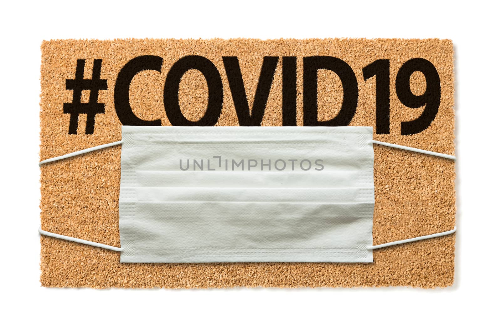 Welcome Mat With Medical Face Mask and #COVID19 Text Isolated on White Amidst The Coronavirus Pandemic.