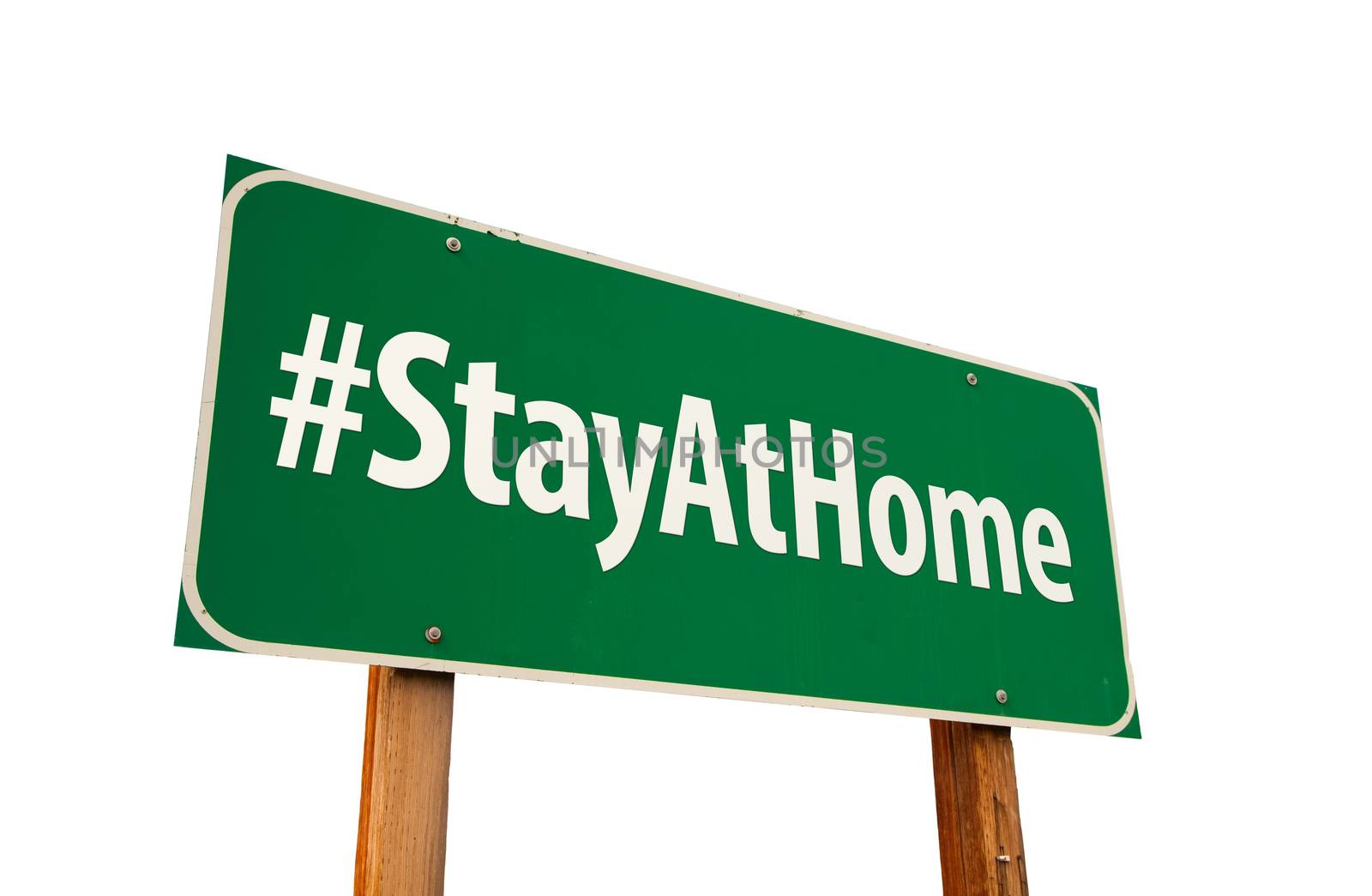 #Stay At Home Green Road Sign Isolated On A White Background.
