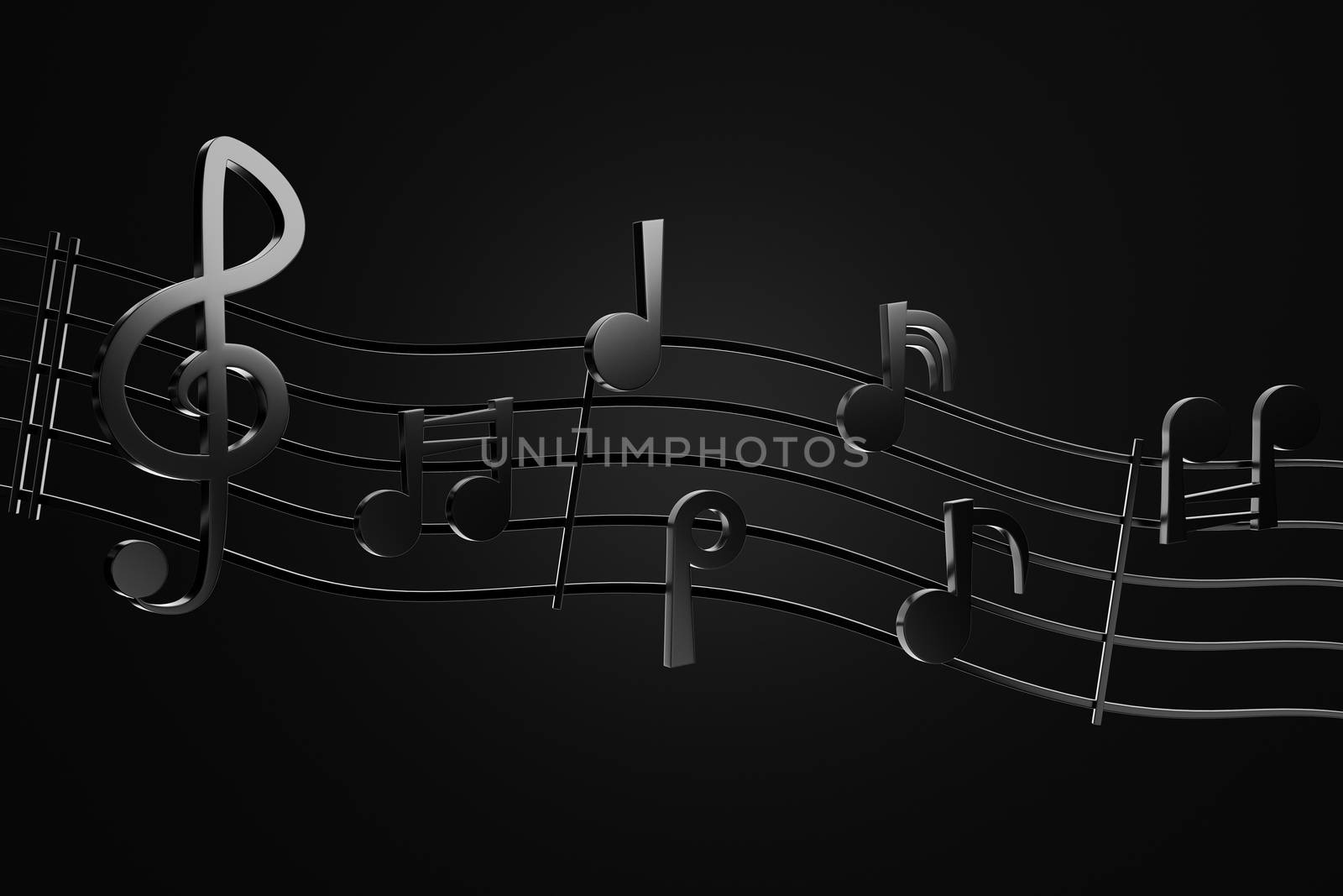 Black music notes and wave music lines in darkness background. 3D rendering Illustration. Concept of rock musical.