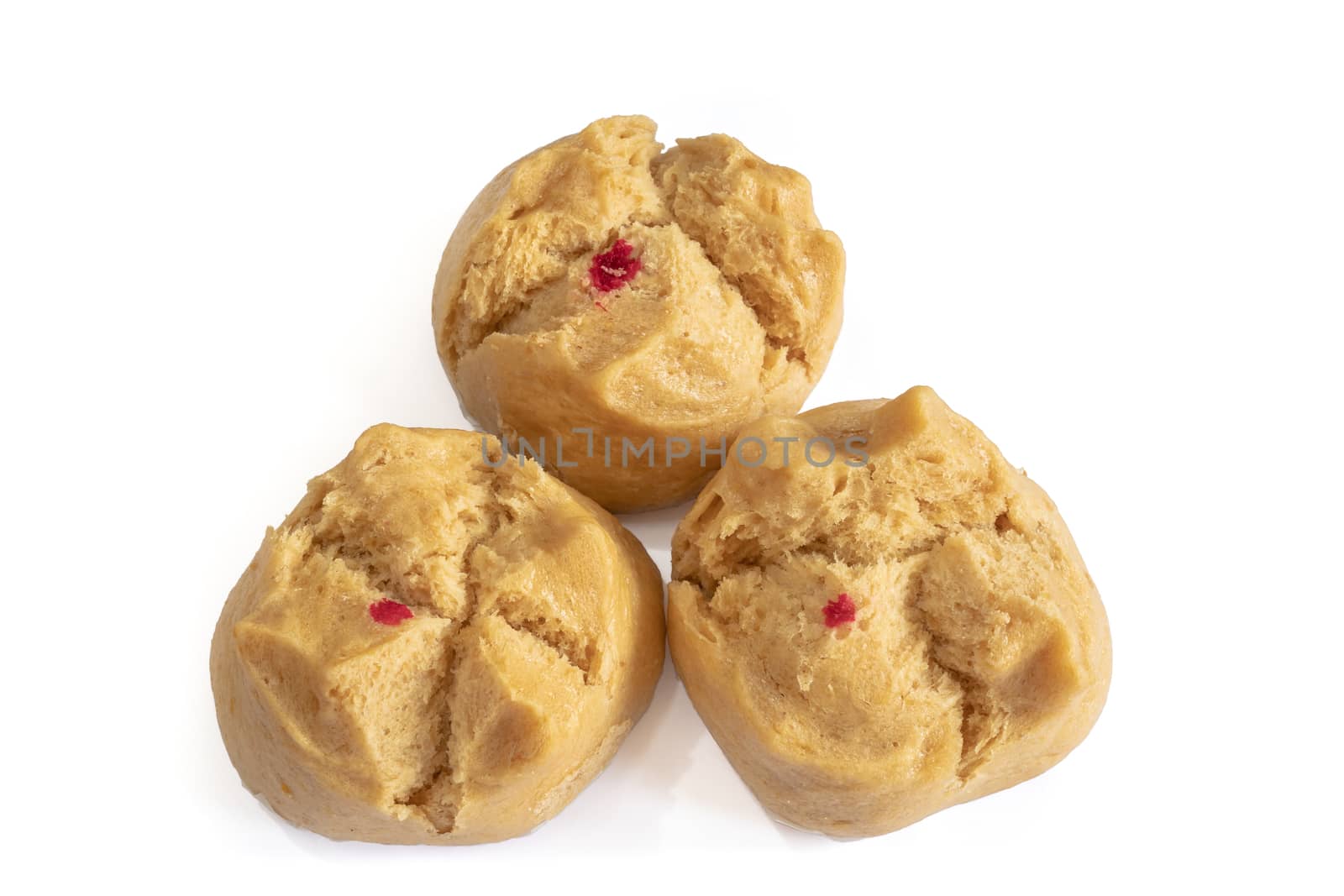 The close up of Chinese brown sugar steamed bread buns on white background.