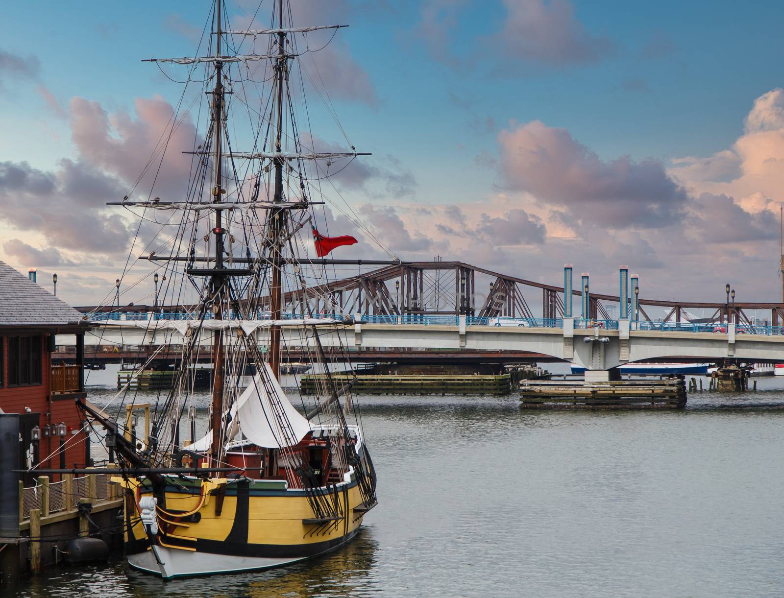 An old sailboat moored in Boston harbor