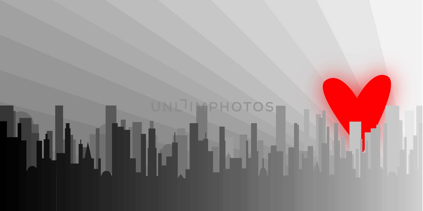 A grey cityscape shown with a rising red heart.