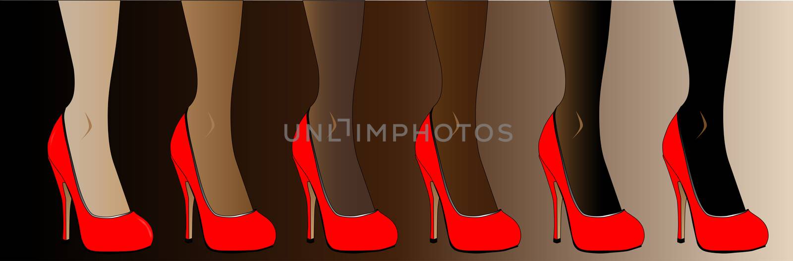 Legs in various skin tones, all wearing re stiletto heels.