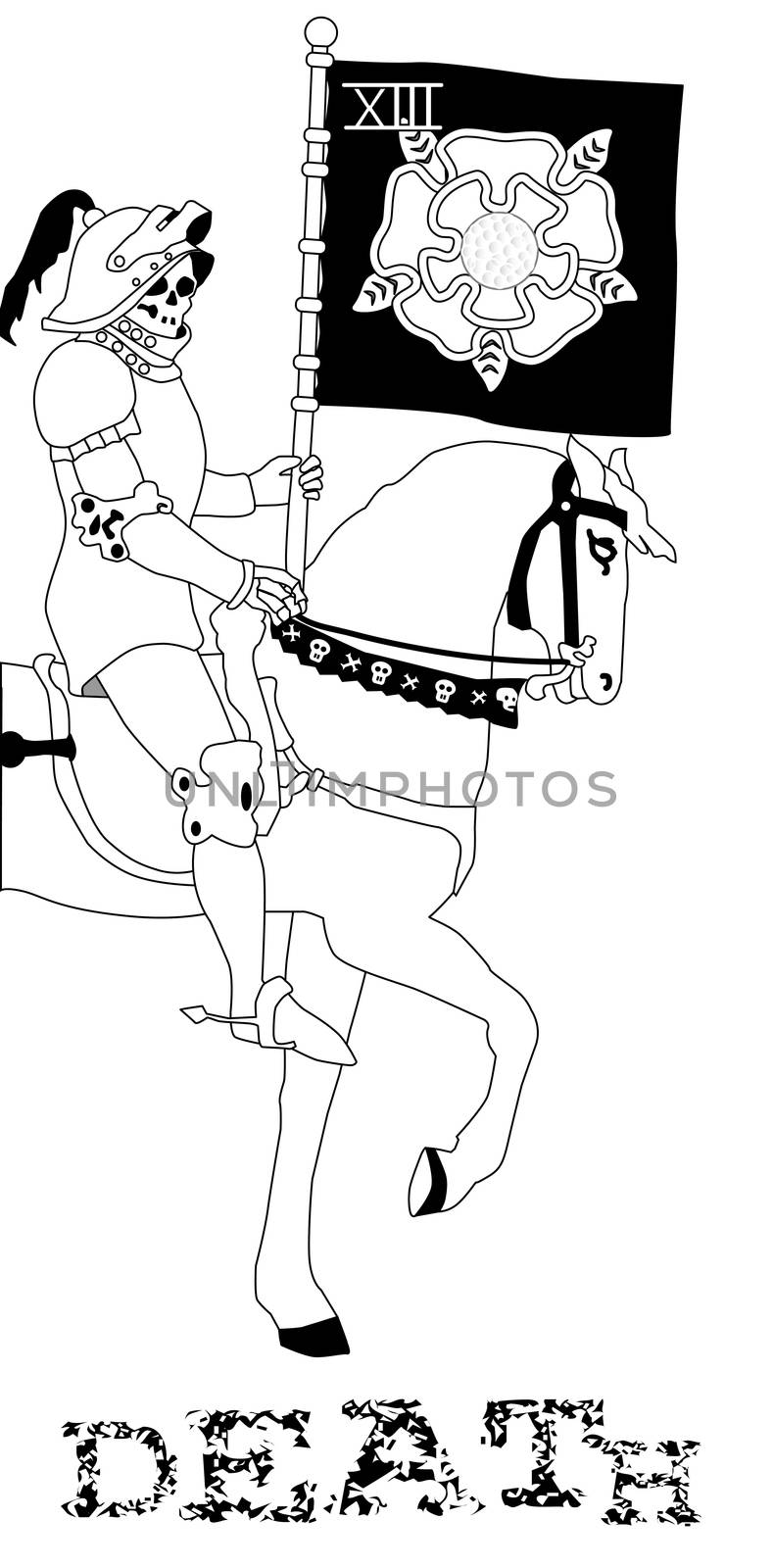 A typical image of Death on horseback as may be depicted on a tarot pack from bygone days.