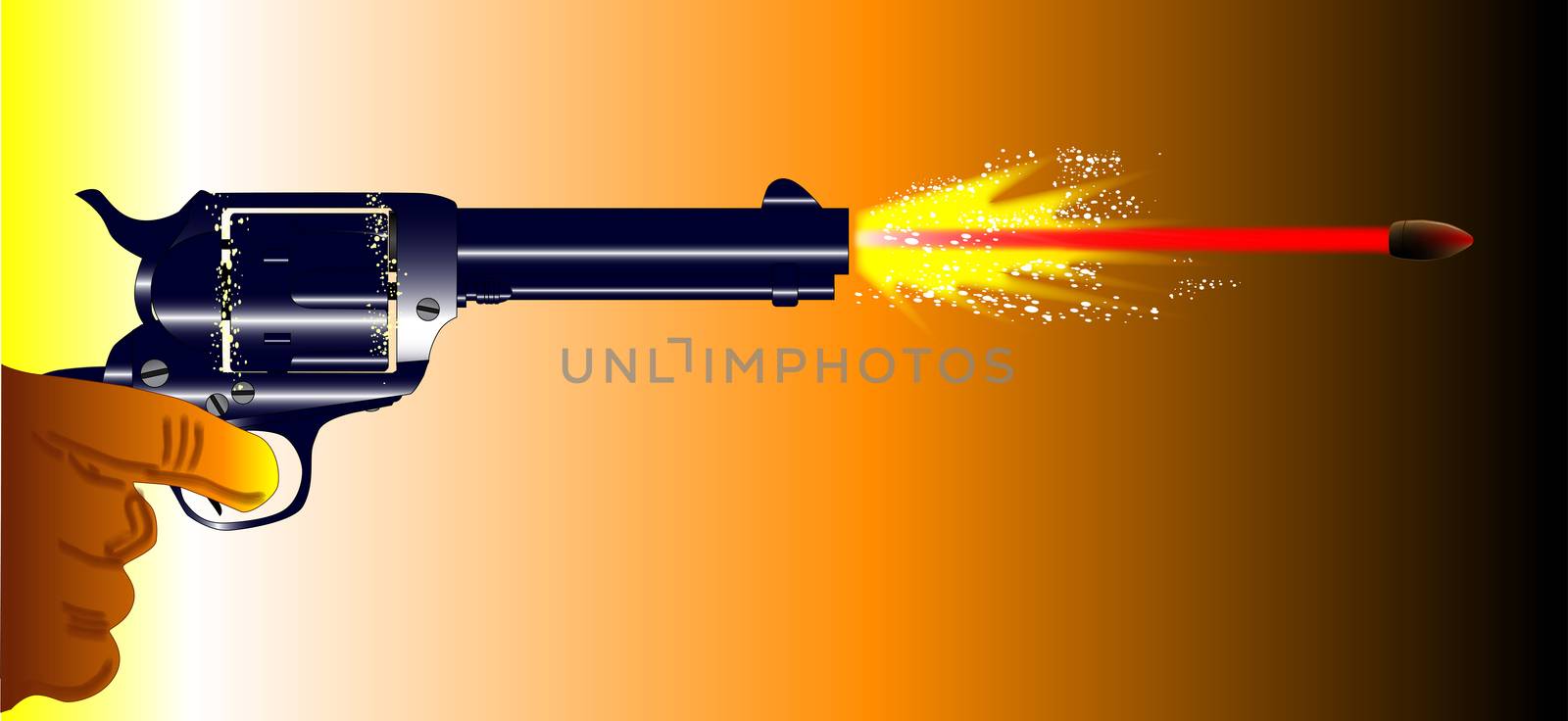 A revolver pistol firing with muzzle flash and speeding bullet.