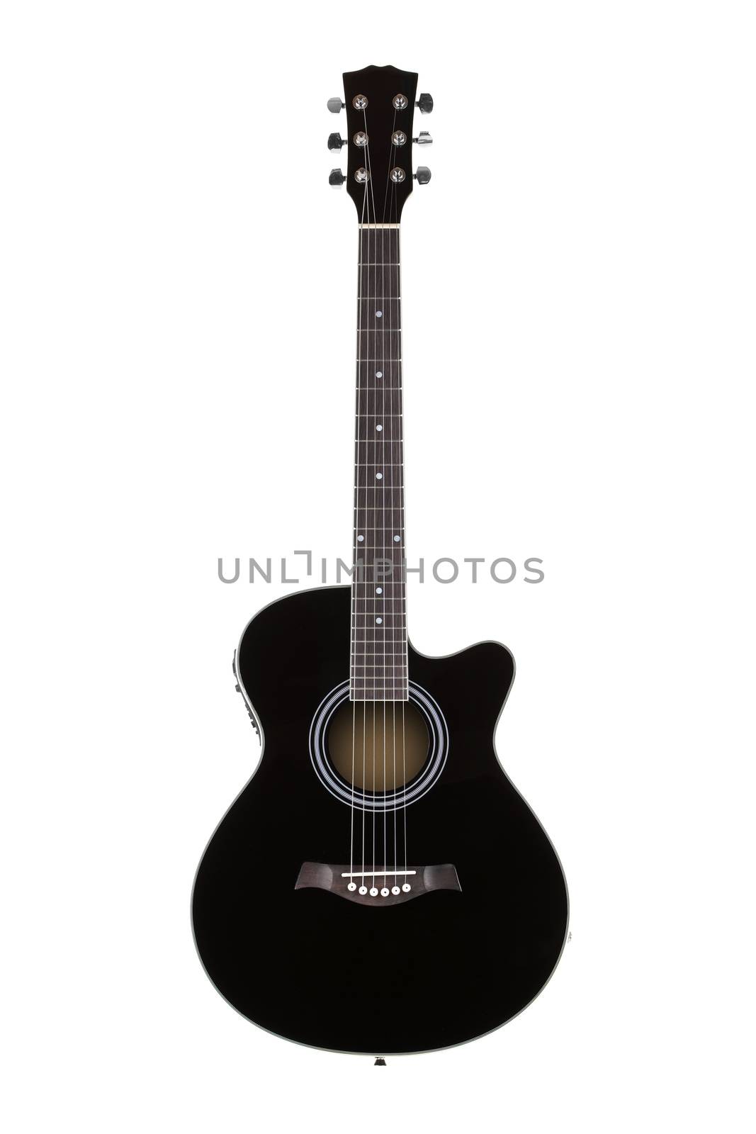 Front view of a black acoustic guitar isolated on white by VivacityImages