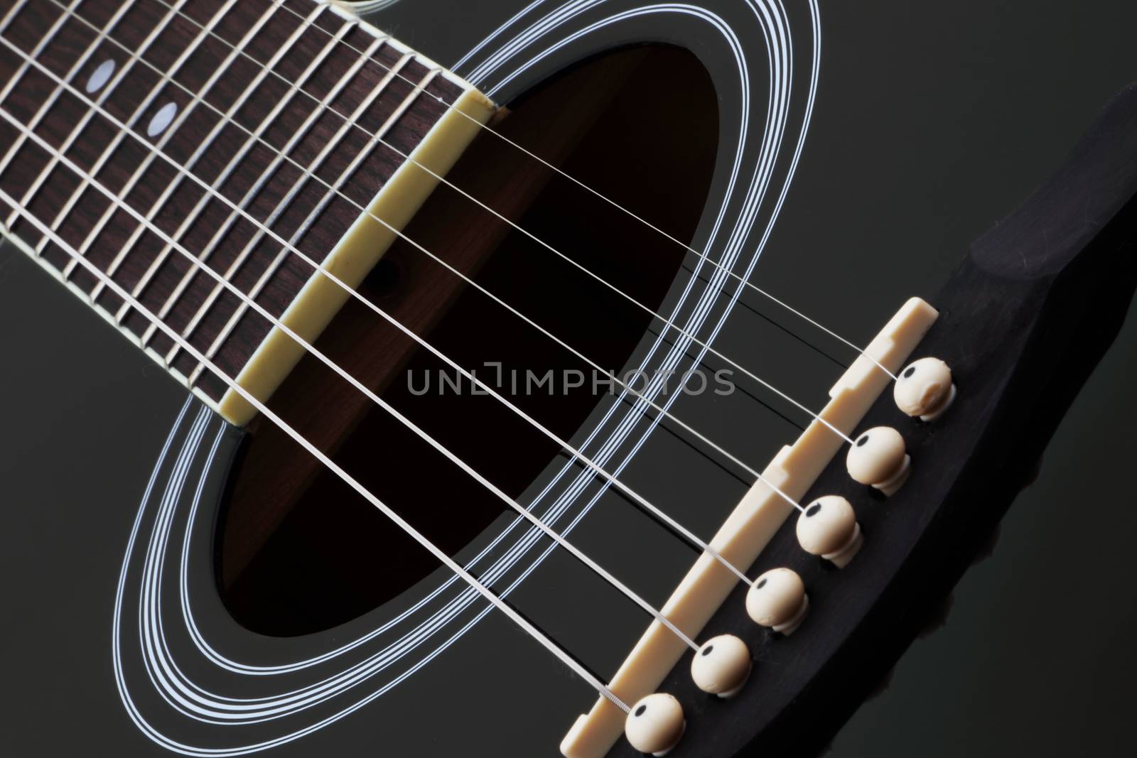 A guitar sound hole bridge and neck with selective focus