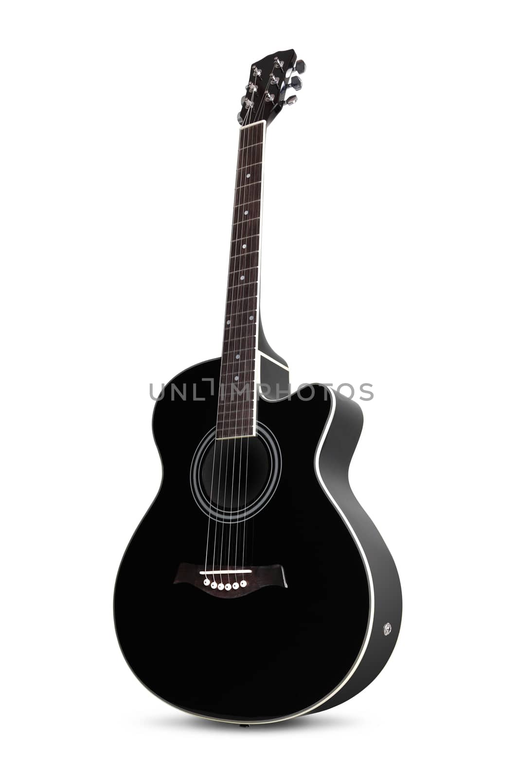 A front and side view of a black guitar on white