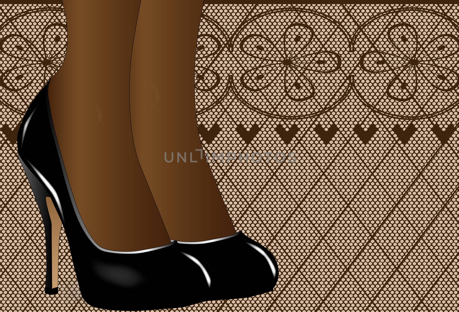 A pair of ladies legs in steletto heal shoes against a stocking type background