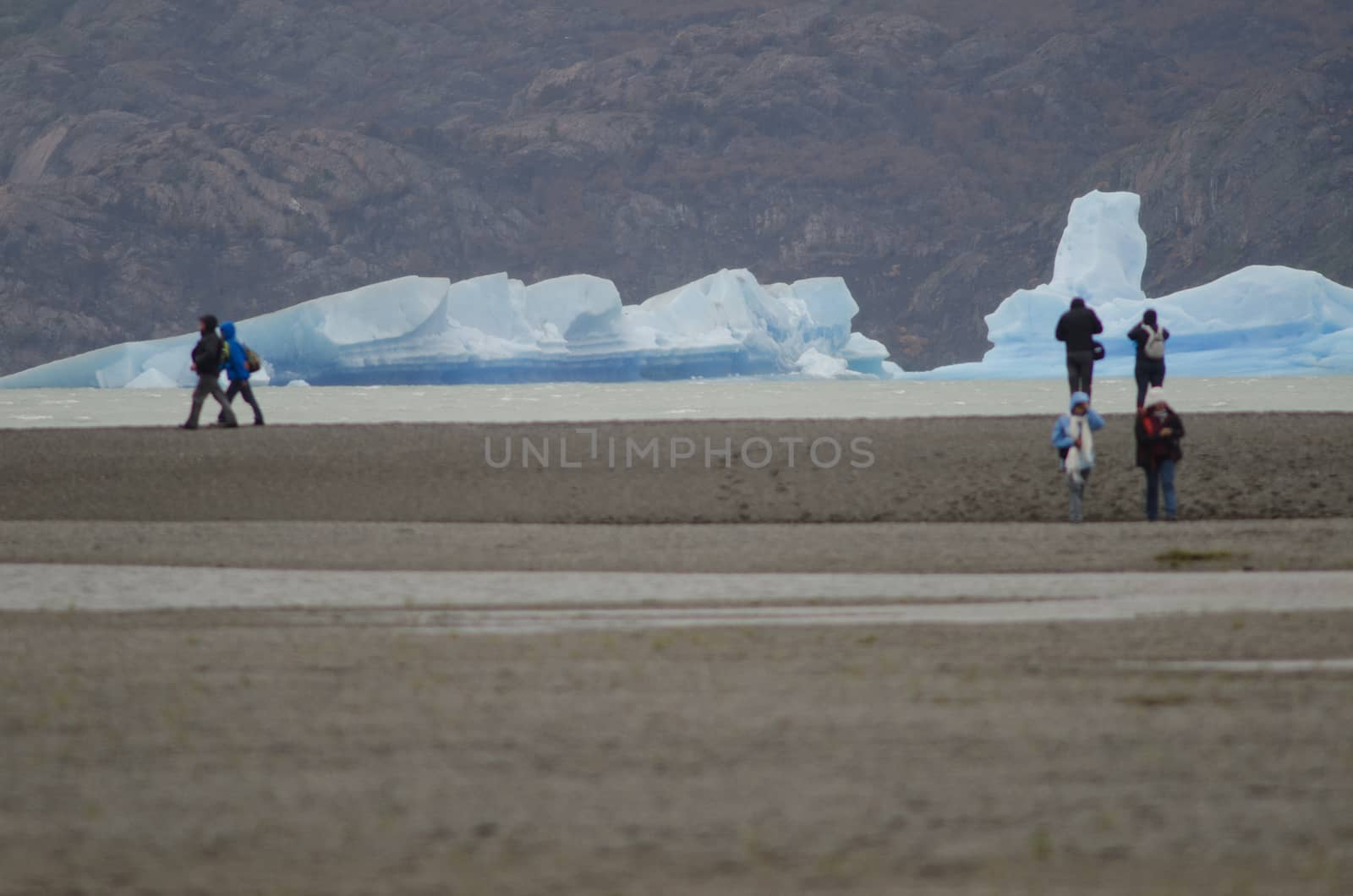 Iceberg on Grey Lake and tourists. Torres del Paine National Park. Ultima Esperanza Province. Magallanes and Chilean Antarctic Region. Chile.