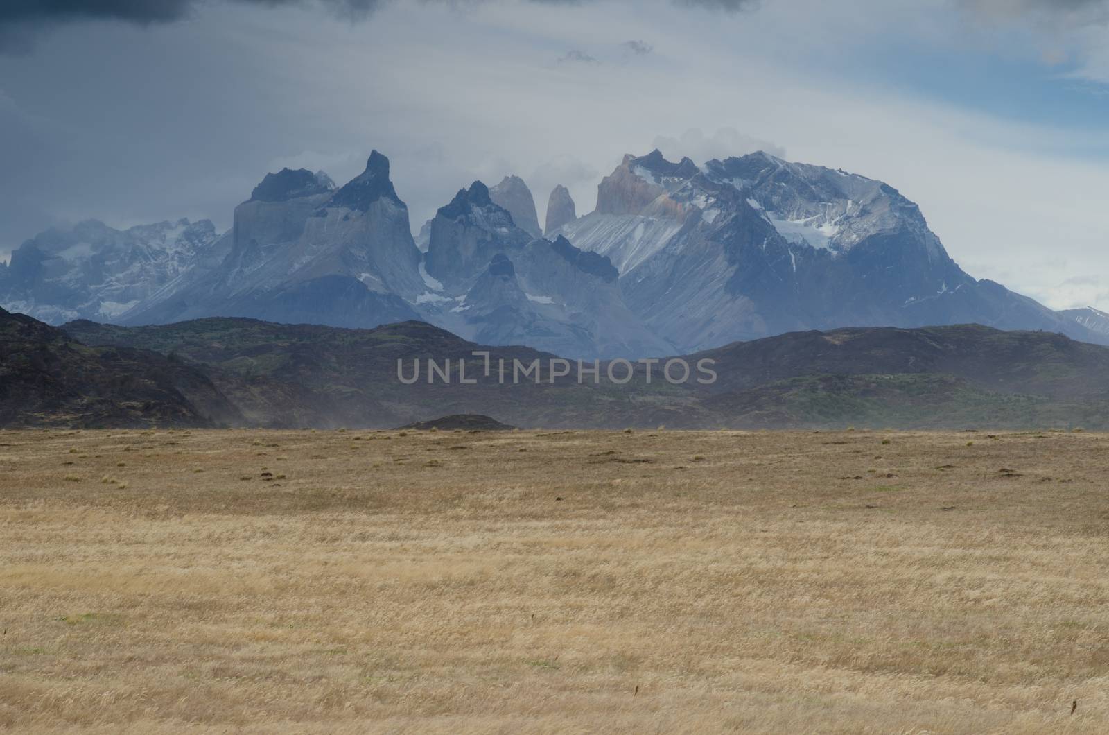 Paine Mountain Range with the Paine Horns and Towers of Paine. Torres del Paine National Park. Ultima Esperanza Province. Magallanes and Chilean Antarctic Region. Chile.