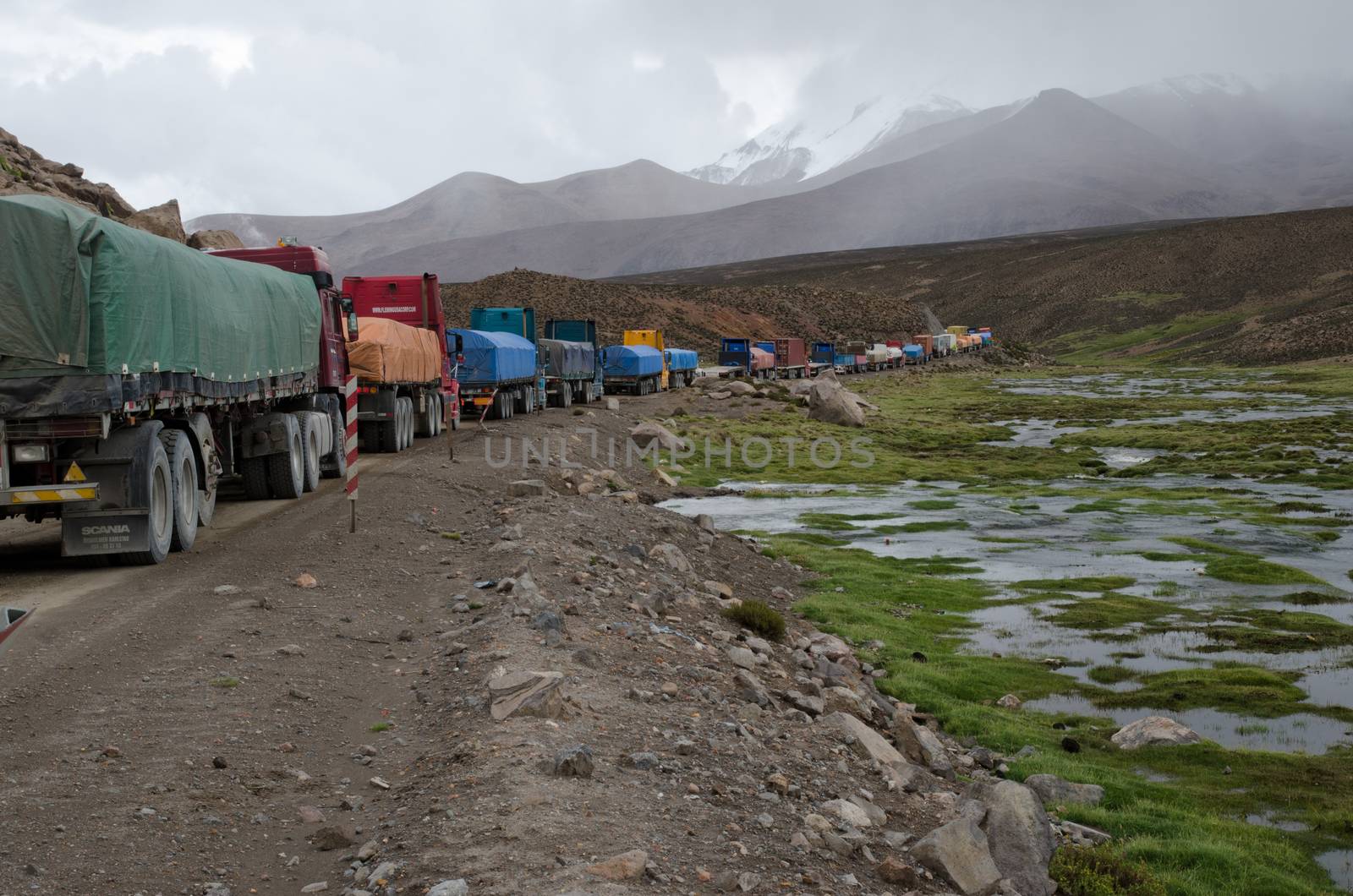 Retention trucks because of road works. Lauca National Park. Arica y Parinacota Region. Chile.