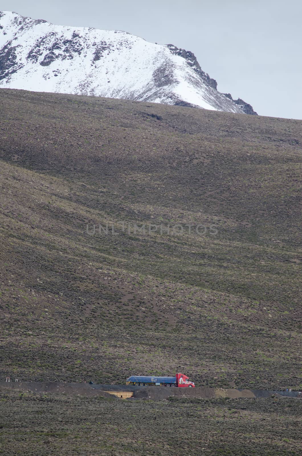 Truck on a road of the Lauca National Park. Lauca National Park. Arica y Parinacota Region. Chile.