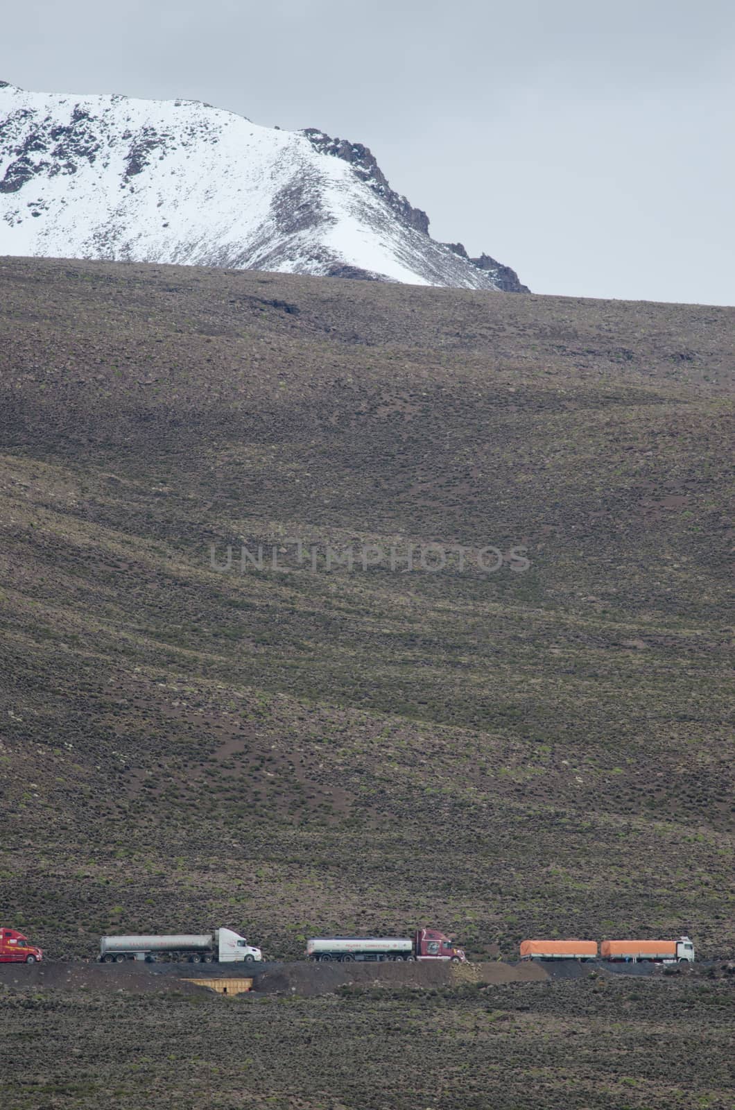 Trucks on a road of the Lauca National Park. by VictorSuarez