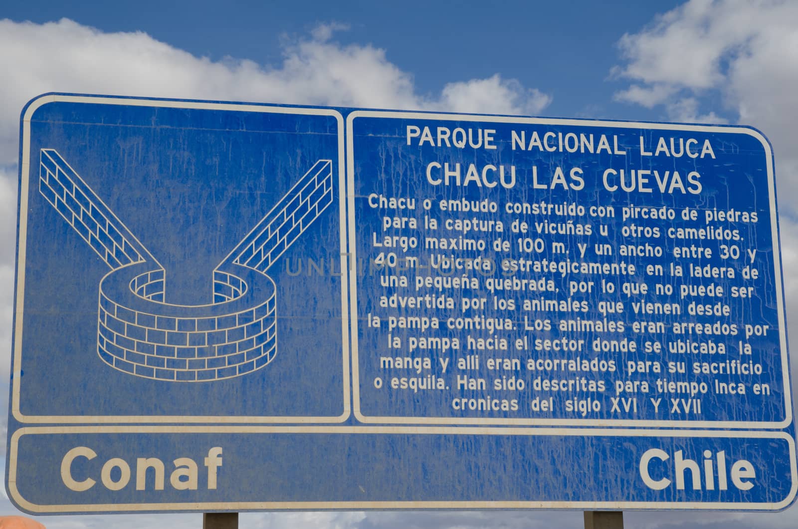 Information signal about Las Cuevas chaccu, prehispanic ancestral technique to capture and shearing of vicunas Vicugna vicugna. Las Cuevas. Lauca National Park. Arica y Parinacota Region. Chile.