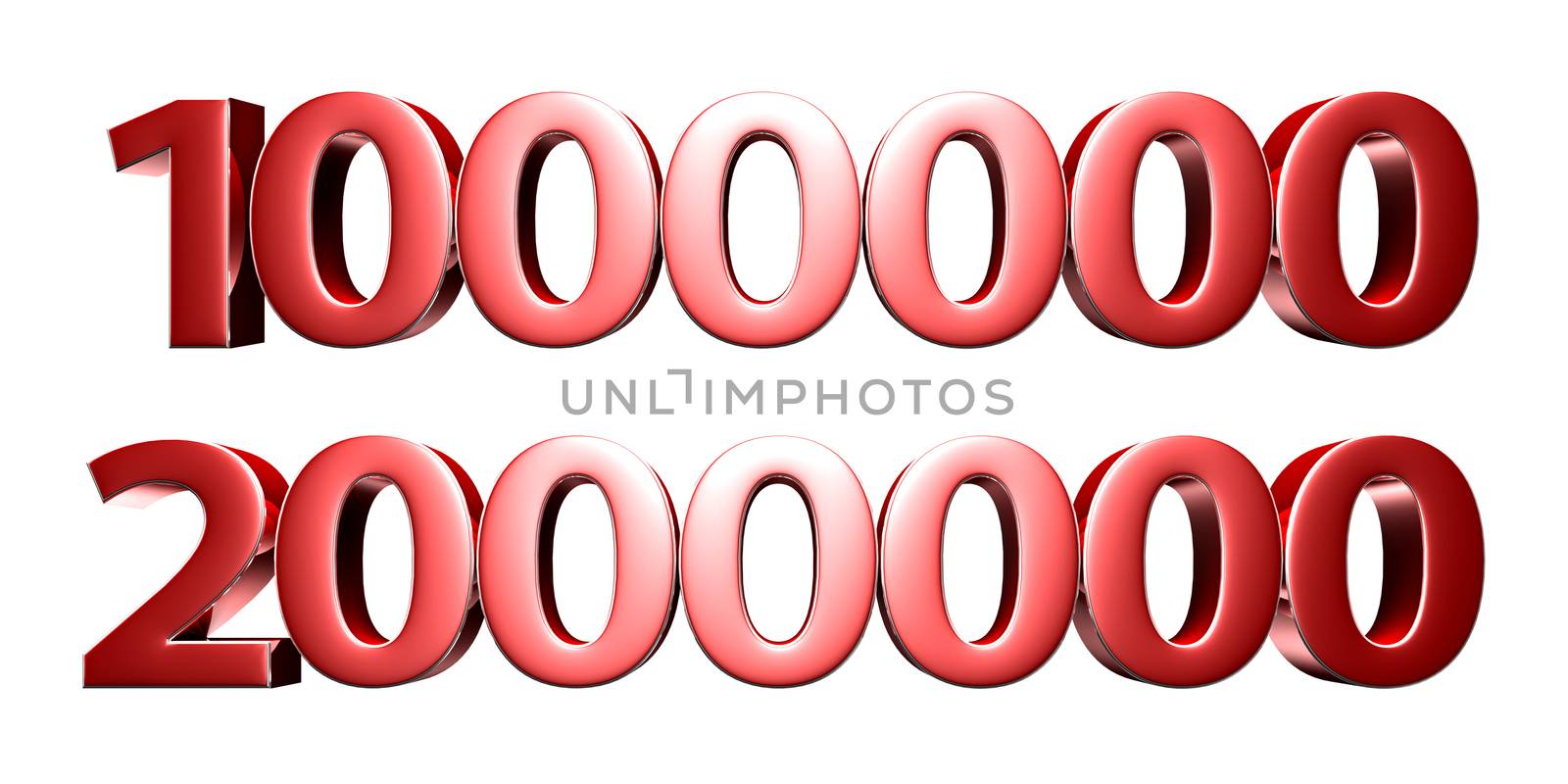 3D illustration 1 million and 2 million isolated on a white background.(with Clipping Path).