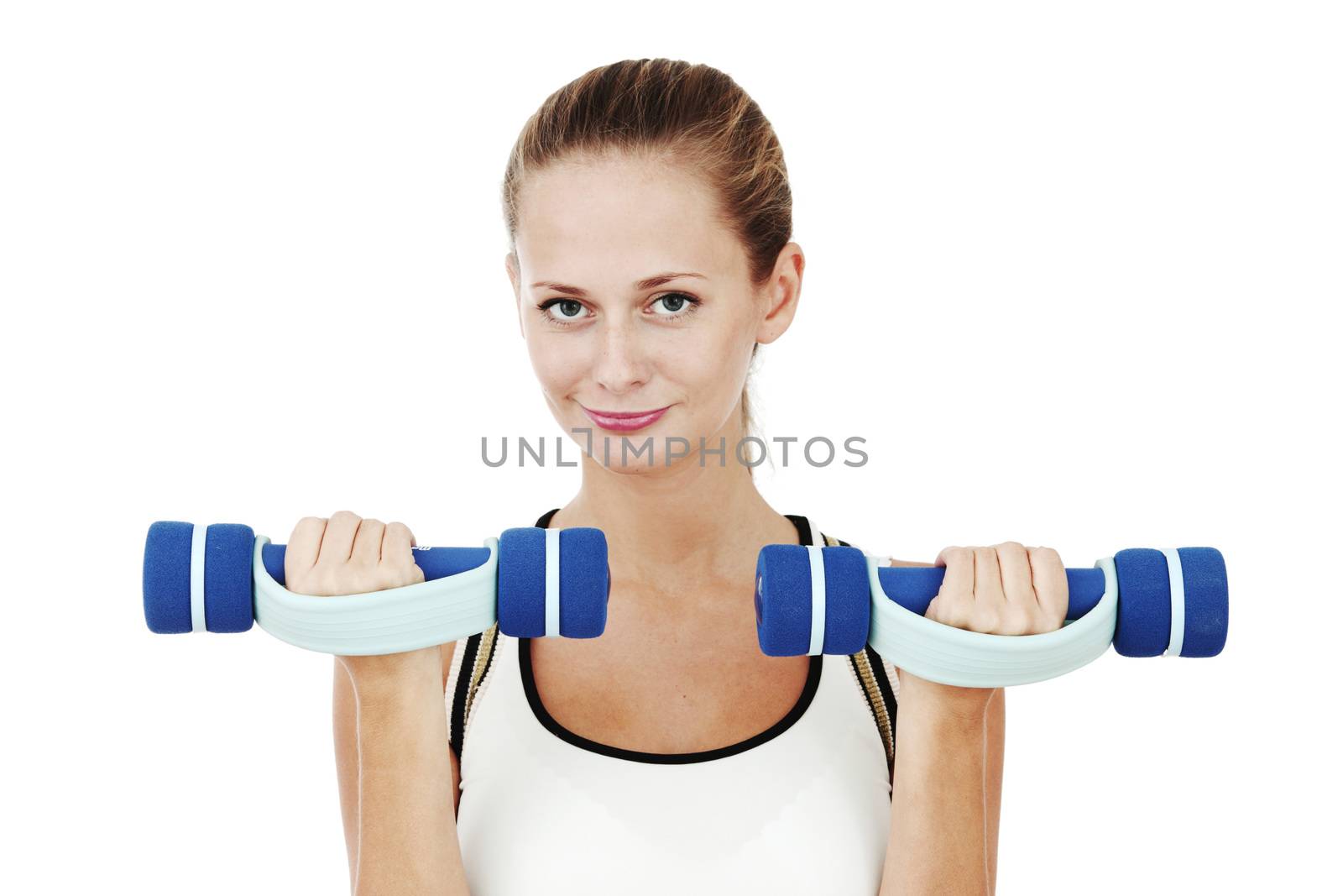 dumbbells in woman hands isolated on white background