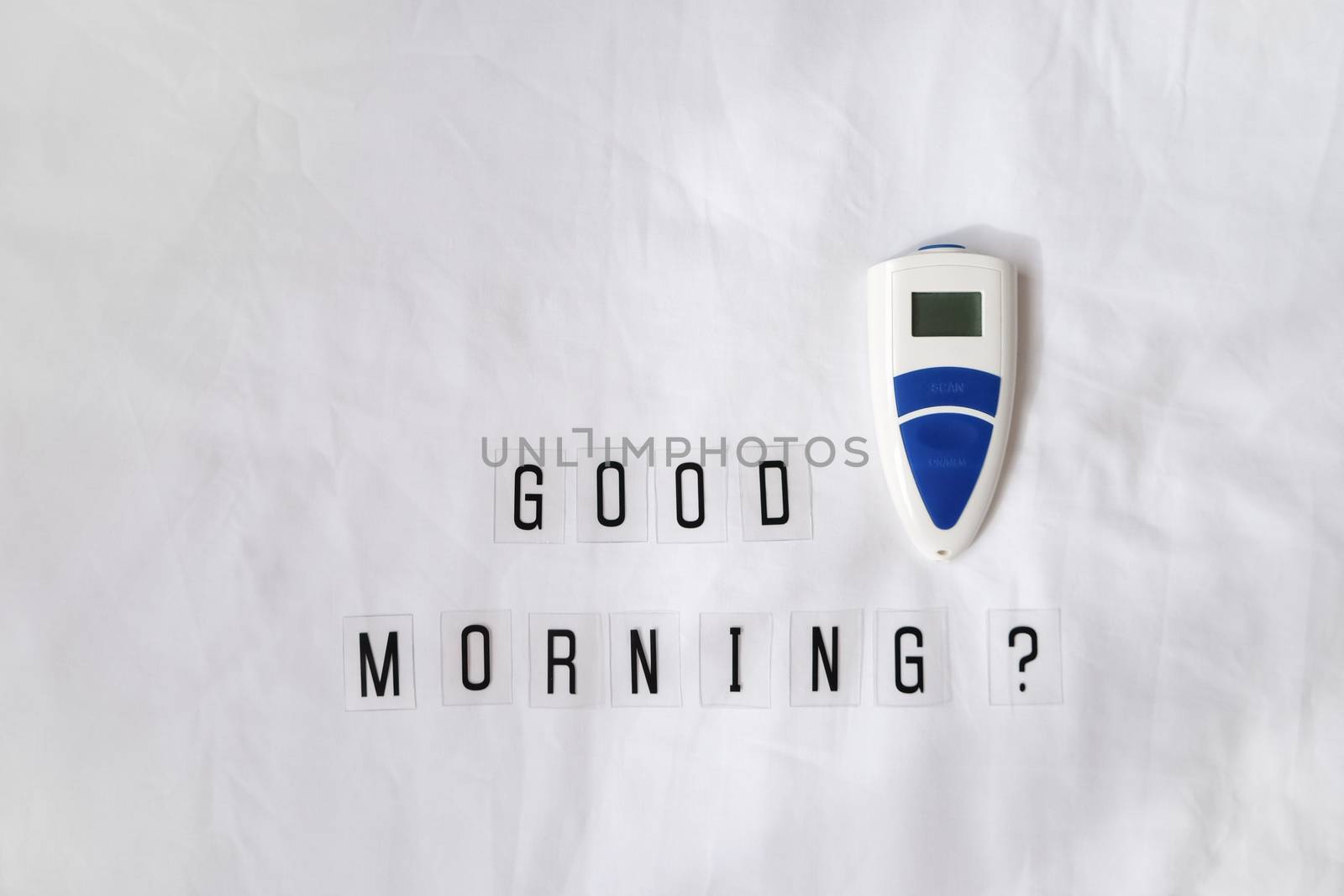 Inscription question Good morning, thermometer on crumpled white sheet. Awakening concept with headache, fever, medicine, illness, health, migraine. Horizontal, flat lay by ALLUNEED