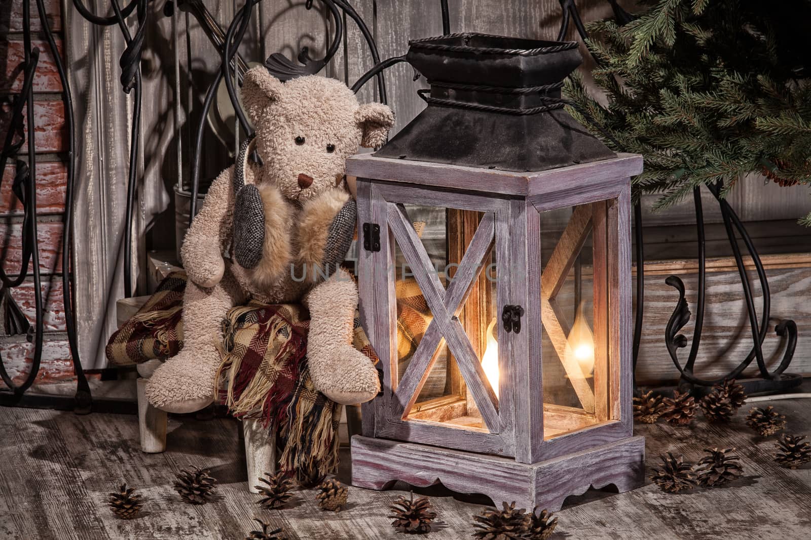 Different accessories and toys on a wooden studio background