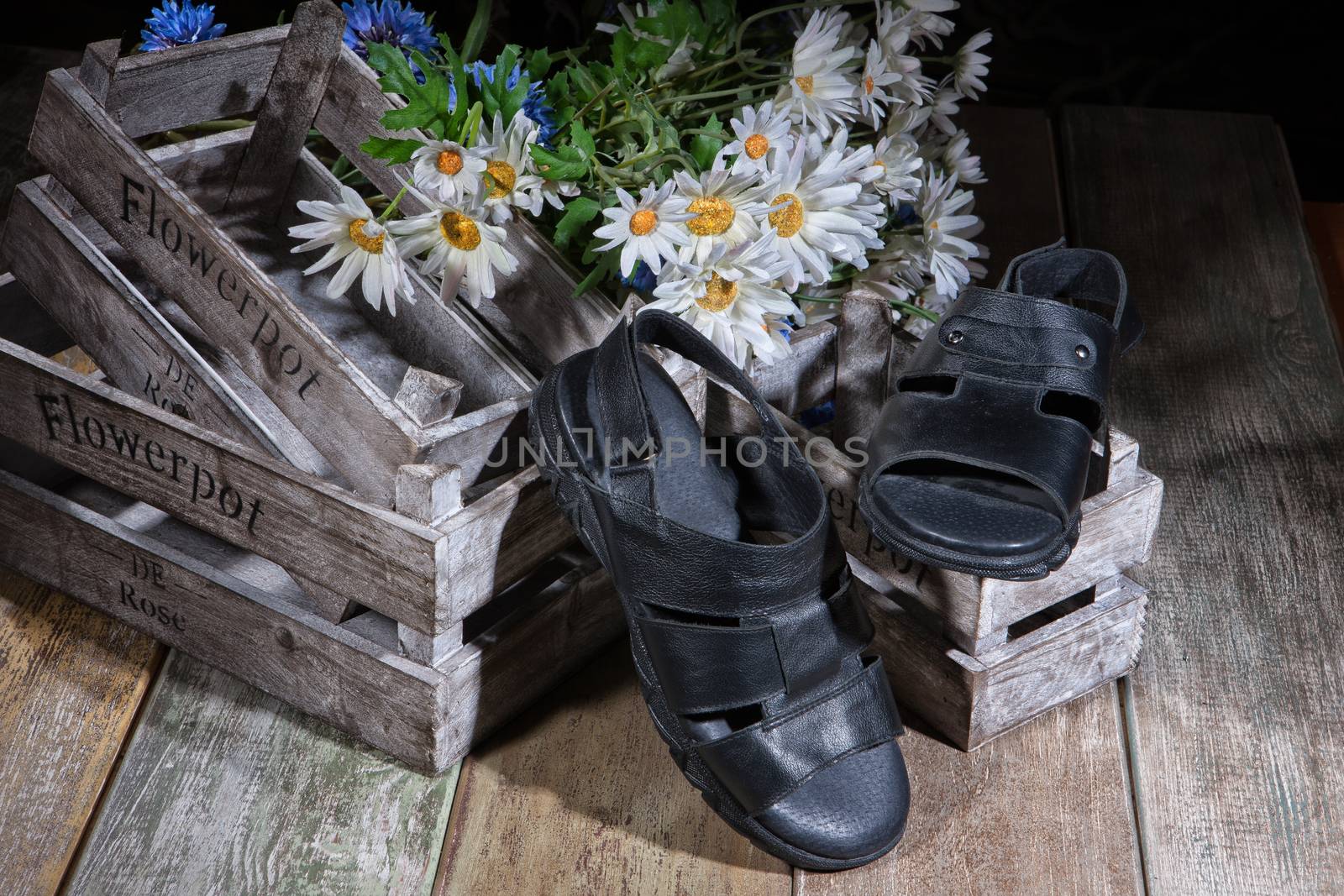 Different kinds of shoes on a wooden desk