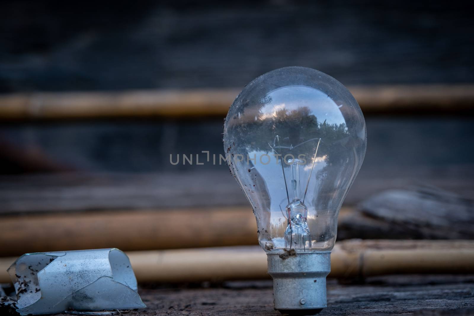 Dirty Old and unused Light Bulb with blur background by peerapixs