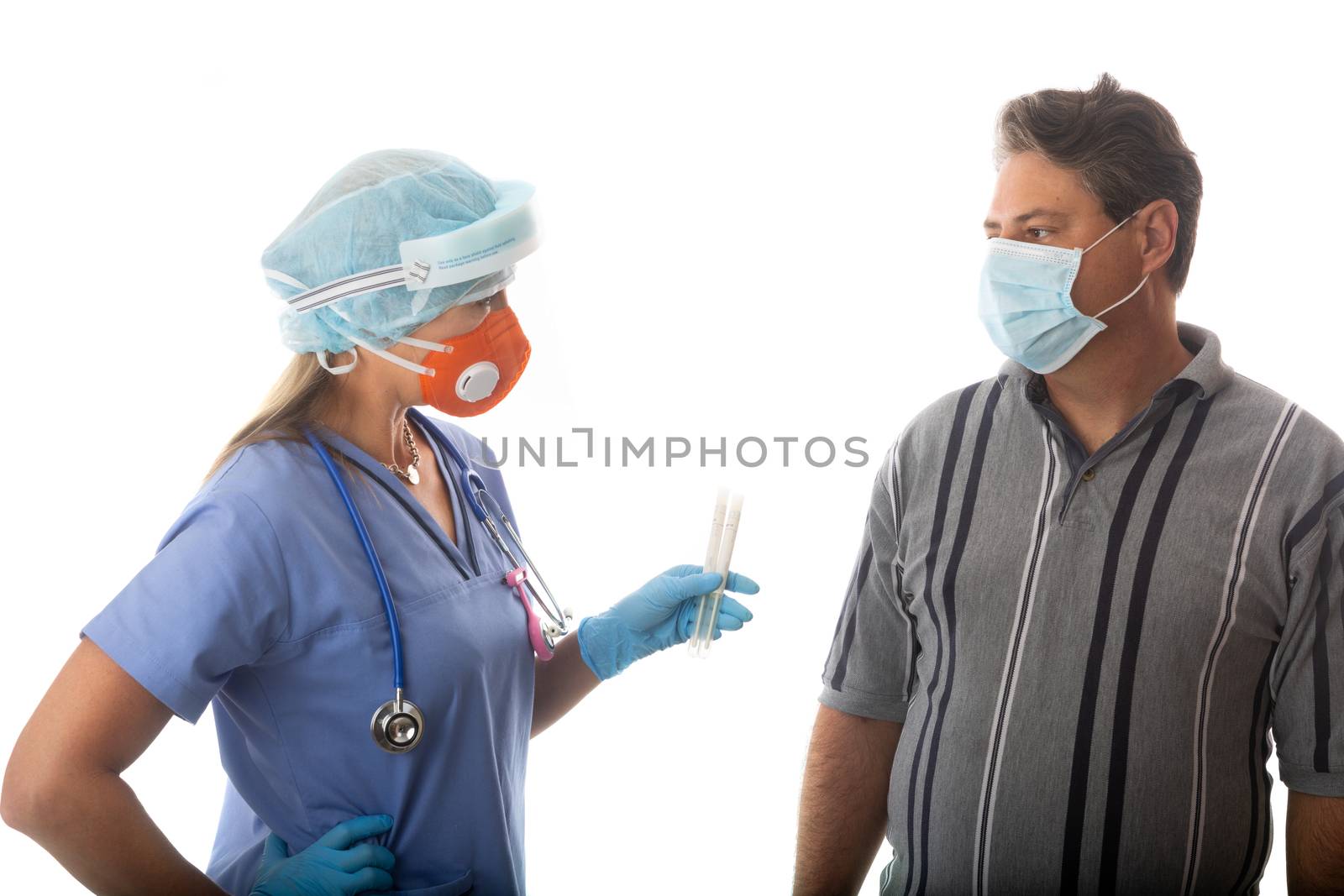 A patient in need of a nose or throat swab for influenza, coronavirus, SARS, COVID-19 or other being discussed and treated by a healthcare professional