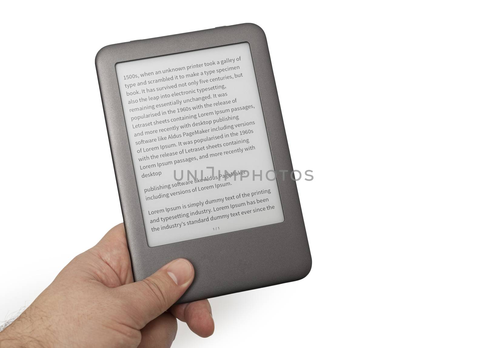 Holding E-book reader in hand. Include clipping path for screen and book with hands. LOREM IPSUM text on e-book screen.