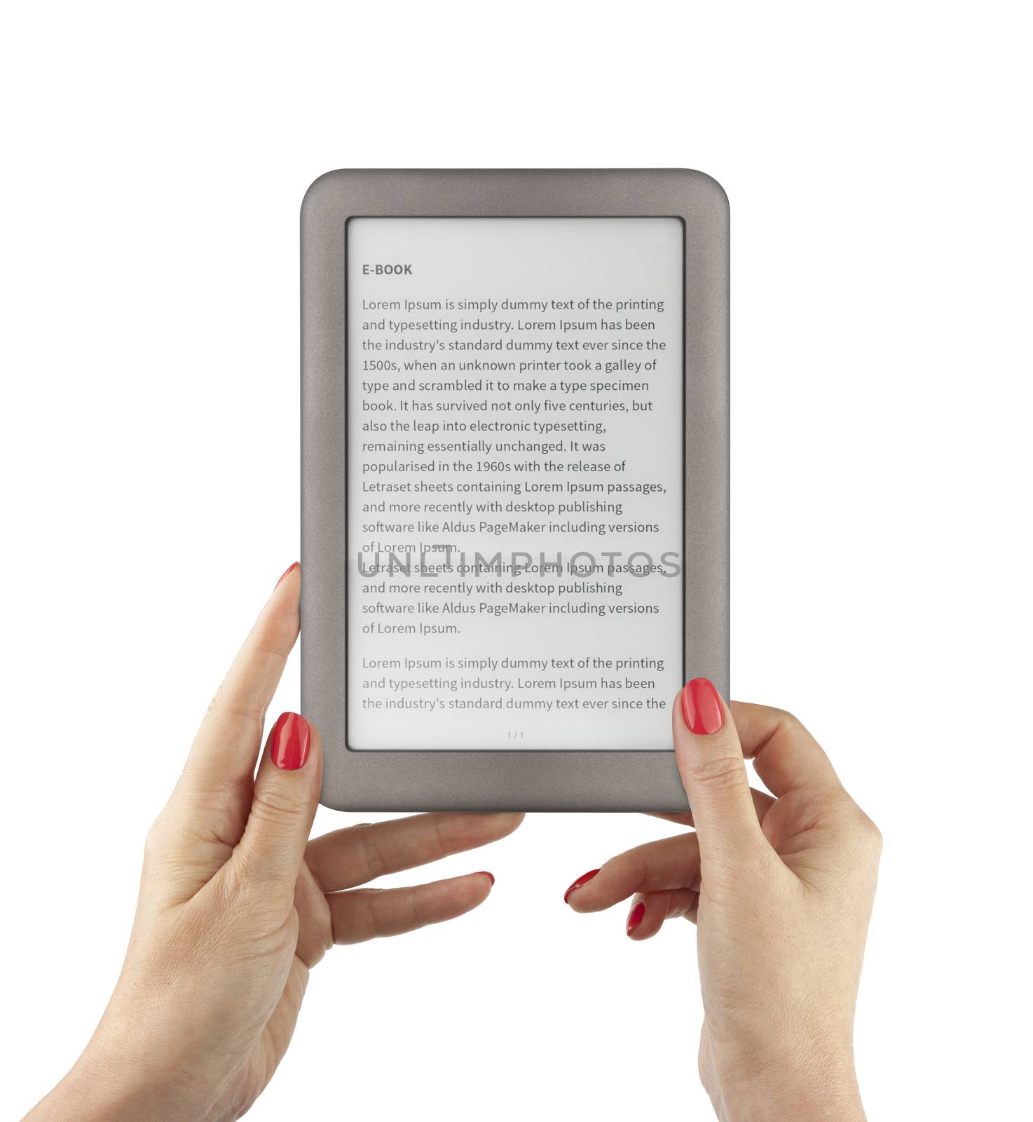 Holding E-book reader in hands. Include clipping path for screen and book with hands. LOREM IPSUM text on e-book screen.