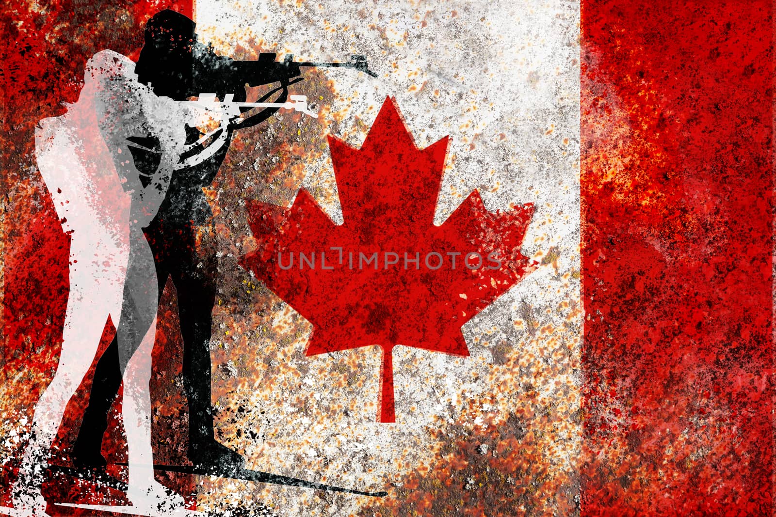Biathlon racing, skier silhouette on a Canada flag on the rusty metal background texture