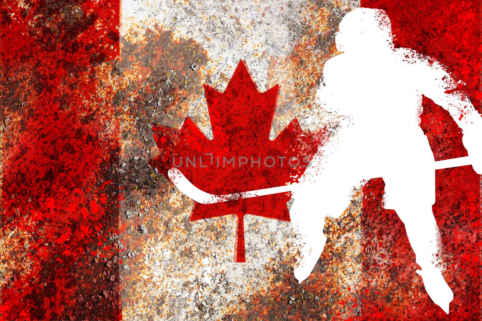 Canada flag with a silhouette of a white color hockey player