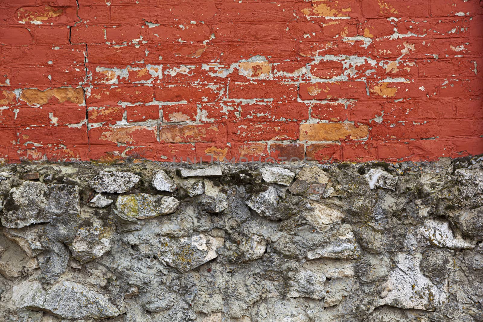 Old stone and a red brick wall. Background close-up