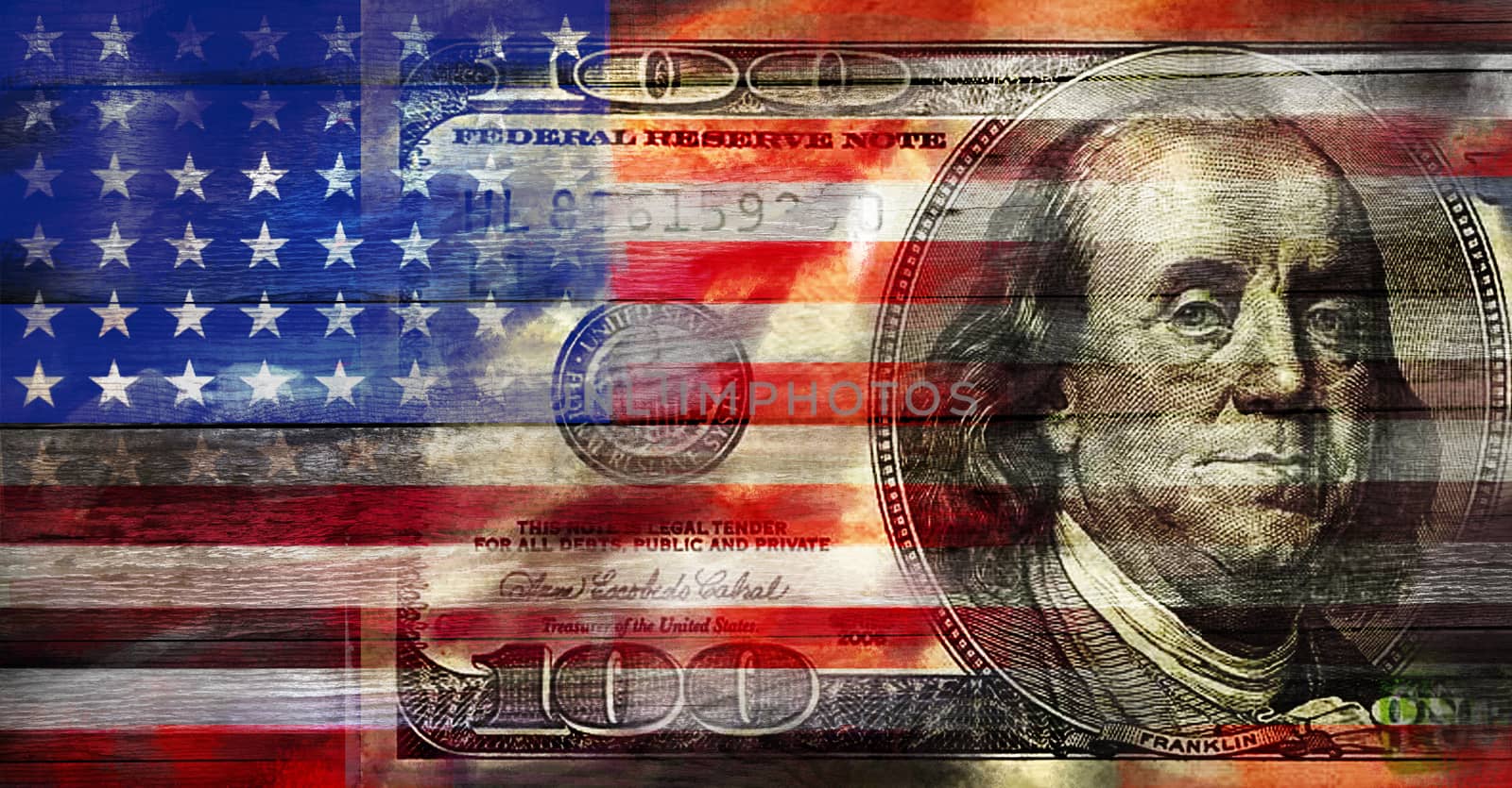 USA flag with US dollar on a wood surface by SlayCer