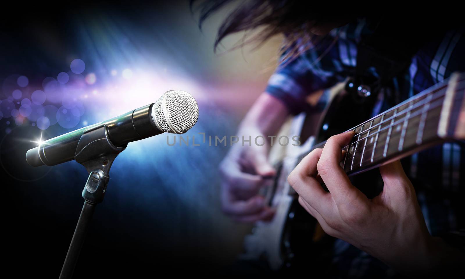 Microphone on stage blurred background playing guitarist on stag by SlayCer