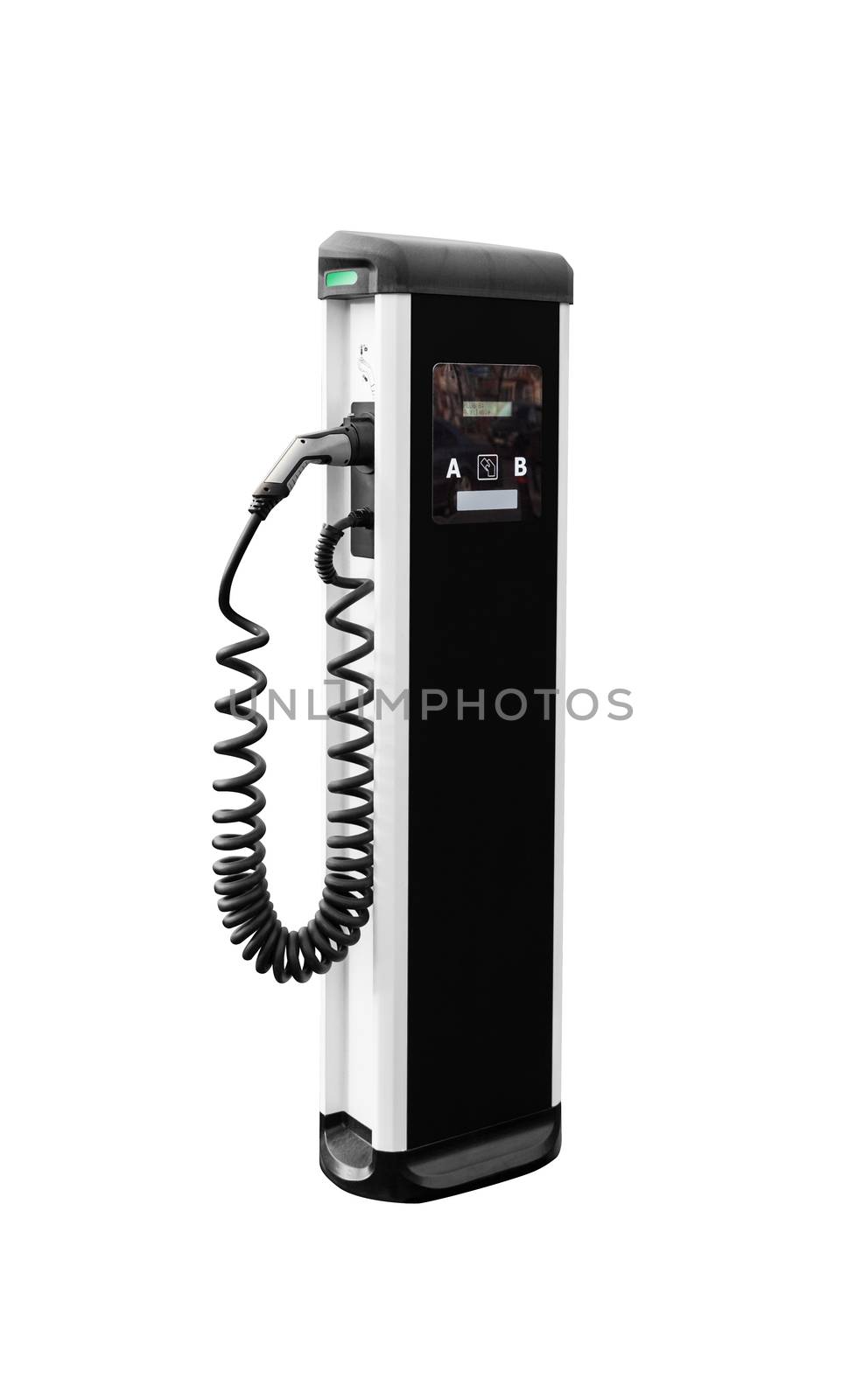 Power supply for electric car charging. Electric car charging station. Close up. With clipping path.